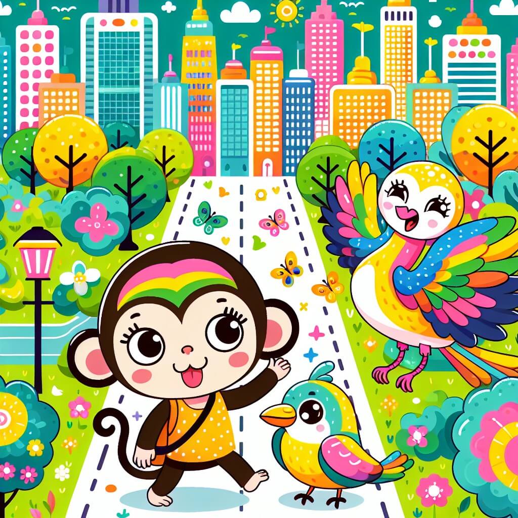 Une illustration destinée aux enfants représentant une adorable petite singe qui se retrouve perdue dans une ville animée, accompagnée d'un joyeux oiseau, alors qu'ils explorent ensemble les rues colorées, les gratte-ciels étincelants et les parcs verdoyants.