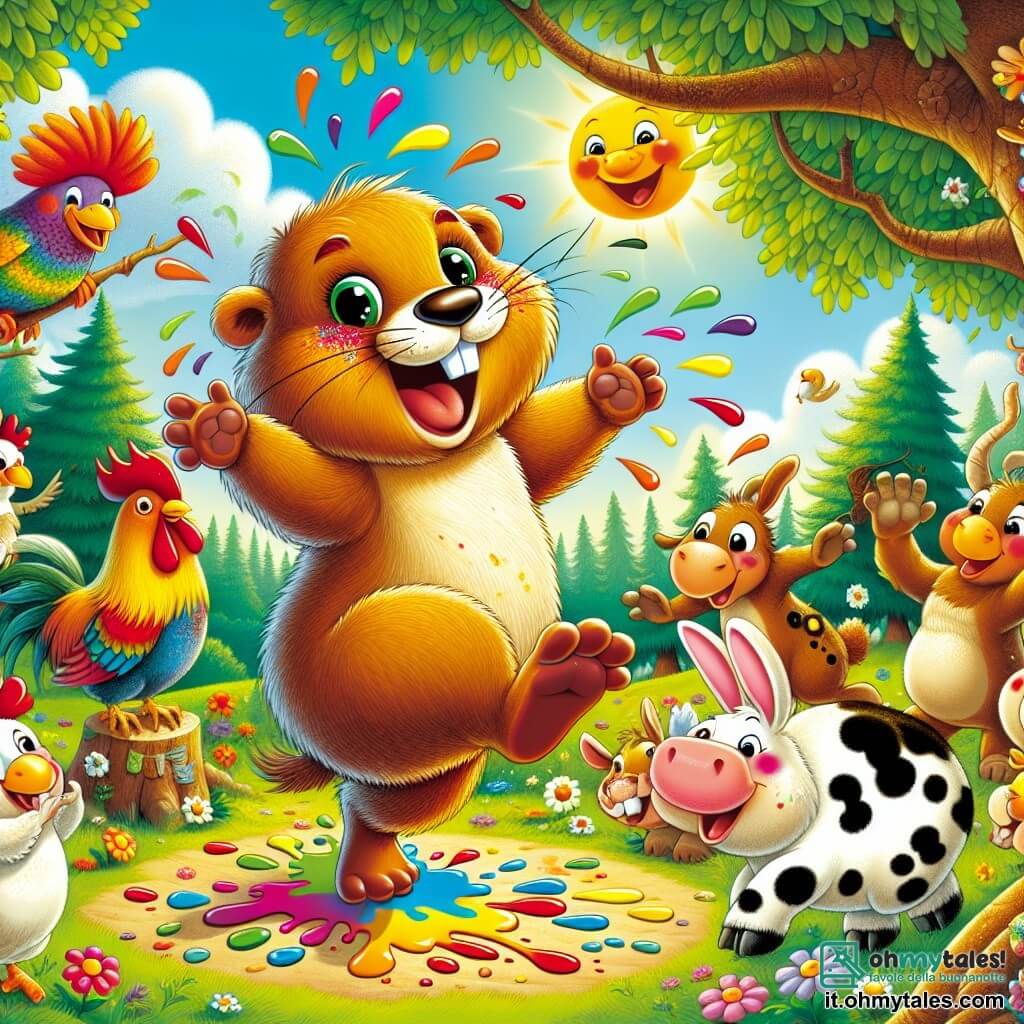 Illustrazione che rappresenta una scena gioiosa in una radura soleggiata della foresta, circondata da alberi con foglie verdi brillanti e fiori colorati che danzano al vento. Al centro, una marmotta dal pelo marrone dorato, con grandi occhi scintillanti e un sorriso radioso, sta danzando con entusiasmo, le piccole zampe sollevate, circondata da macchie di vernice vivace sul corpo, testimoniando la battaglia di vernice appena svolta. Accanto a lei, un gruppo di animali: un gallo dalle piume sgargianti che canta gioiosamente, una mucca maculata di bianco e nero che applaude con entusiasmo, e un coniglietto dalle grandi orecchie che salta di gioia. La scena è piena di risate e colori, con schizzi di vernice che volano nell'aria, e un grande muro colorato sullo sfondo, che rappresenta un magnifico dipinto collettivo di tutti gli animali della fattoria, celebrando l'amicizia e la gioia.