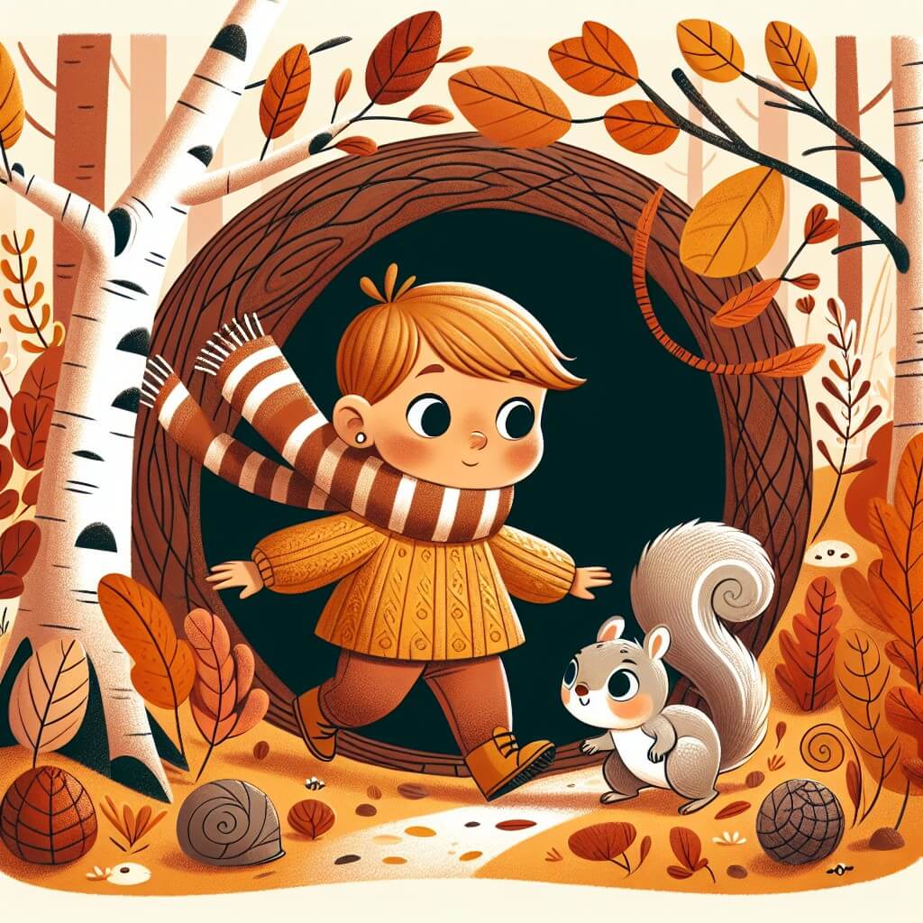 Une illustration destinée aux enfants représentant une petite fille curieuse, vêtue d'un chaleureux pull jaune et d'une écharpe à rayures, qui découvre un mystérieux sentier caché au cœur d'un bois aux feuilles orangées et marron, accompagnée d'un adorable écureuil nommé Nocciolino.