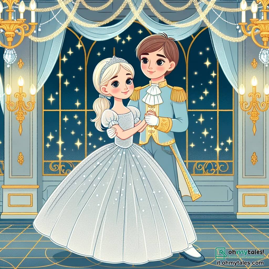 Une illustration destinée aux enfants représentant une jeune fille au visage doux, vêtue d'une robe couleur d'argent, en train de danser avec un prince charmant dans un somptueux palais illuminé par des lustres scintillants.