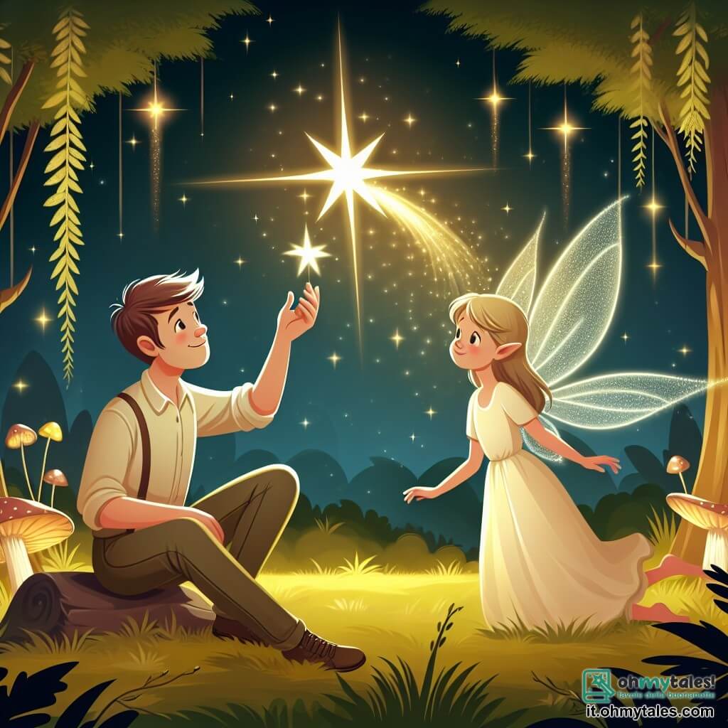 Une illustration destinée aux enfants représentant un homme au cœur pur découvrant une étoile filante, accompagné d'une fée lumineuse, dans une radura magica illuminée par une luce dorata.