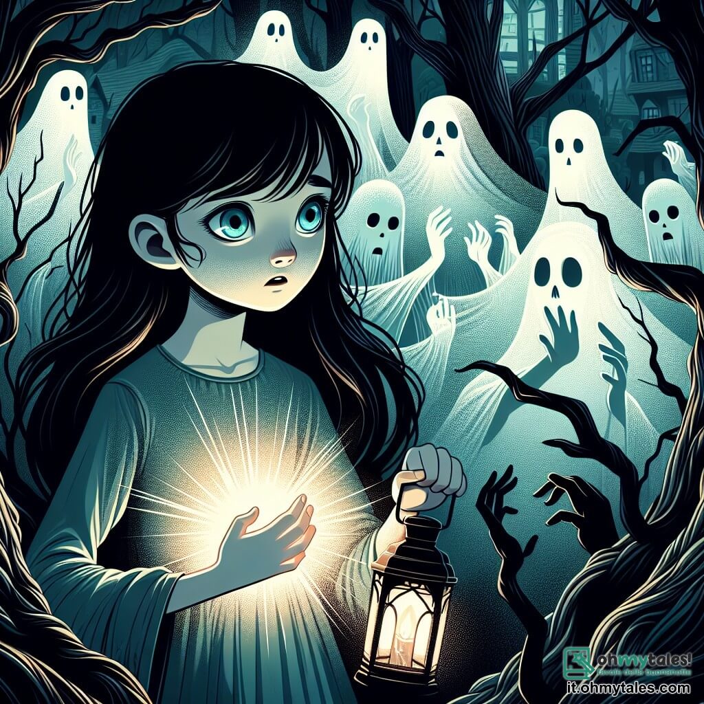 Une illustration sous forme de dessin destinée aux enfants représentant une forêt mystérieuse et sombre, avec des arbres aux troncs tordus et des ombres inquiétantes, où une fille de 9 ans aux longs cheveux noirs et aux yeux bleus éclatants se tient au centre, tenant une lanterne qui éclaire son visage curieux et déterminé, tandis qu'autour d'elle, des silhouettes éthérées de morts-vivants aux visages tristes et pâles émergent des ombres, écoutant attentivement ses histoires de courage et d'espoir, alors qu'elle tente de les libérer de leur triste sort.