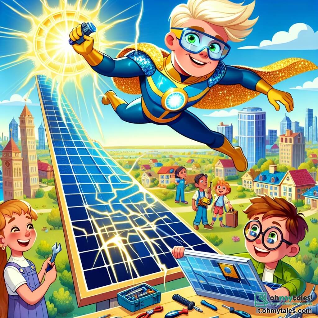 Une illustration sous forme de dessin destinée aux enfants représentant une grande tour solaire scintillante au centre d'une ville colorée, avec un homme grand et fort aux cheveux blonds brillants et aux yeux verts, flottant dans les airs avec un costume bleu et or, utilisant ses pouvoirs pour contrôler la lumière, tandis qu'un jeune garçon aux lunettes et aux cheveux bruns, tenant des outils, travaille avec concentration sur un panneau solaire endommagé, alors qu'une foule de personnes, des enfants aux visages joyeux et des adultes souriants, les regarde avec admiration, le tout sous un ciel ensoleillé.