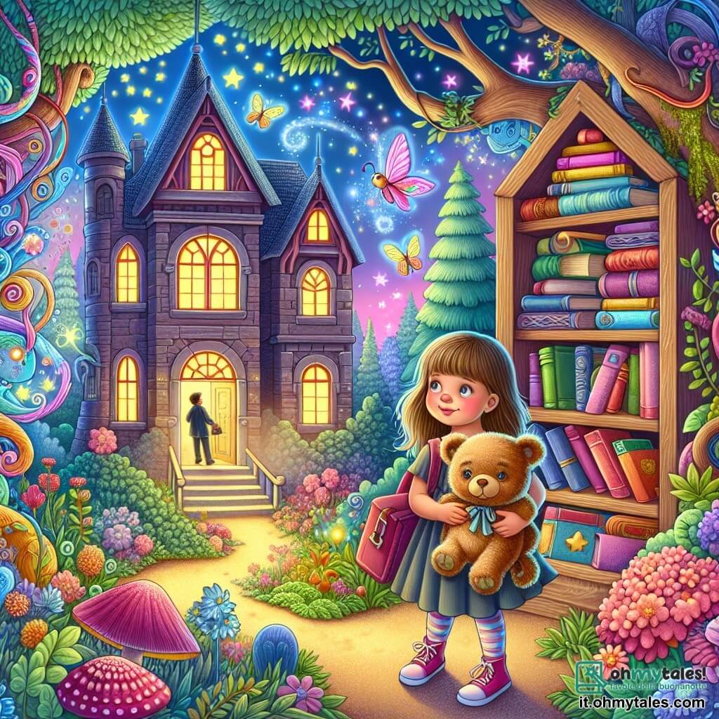 Une illustration destinée aux enfants représentant une petite fille, confrontée à la séparation de ses parents, accompagnée de son fidèle ami orsetto en peluche, explorant une maison mystérieuse remplie de livres enchantés, avec des couleurs vives et un jardin fleuri.