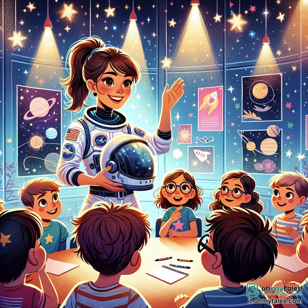 Illustrazione che rappresenta una sala conferenze luminosa in un centro spaziale, decorata con poster colorati di pianeti e galassie. Al centro, un'astronauta, con un casco da astronauta sotto il braccio, indossa una tuta spaziale bianca e blu, con i capelli castani raccolti in una coda di cavallo. Sorride calorosamente mentre parla a un gruppo di giovani bambini, tutti affascinati. Tra di loro, un ragazzo di circa 10 anni, con occhiali e capelli castani, alza la mano con entusiasmo, mentre una ragazza di 9 anni, con capelli ricci e vestita con una maglietta a motivi di stelle, ascolta attentamente, con un quaderno sulle ginocchia. La donna spiega le meraviglie dello spazio, e l'atmosfera è piena di curiosità ed eccitazione. Stelle scintillanti e disegni di razzi fluttuano sullo sfondo, aggiungendo un tocco di magia a questa scena d'ispirazione e sogno.