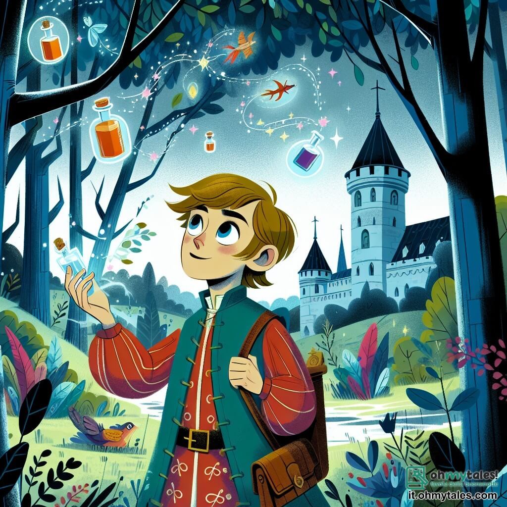 Une illustration destinée aux enfants représentant un garçon curieux et passionné de science, se retrouvant dans un bosco misterioso avec un personnage secondaire mystérieux, dans un regno medievale dominato da magia et enchantement.