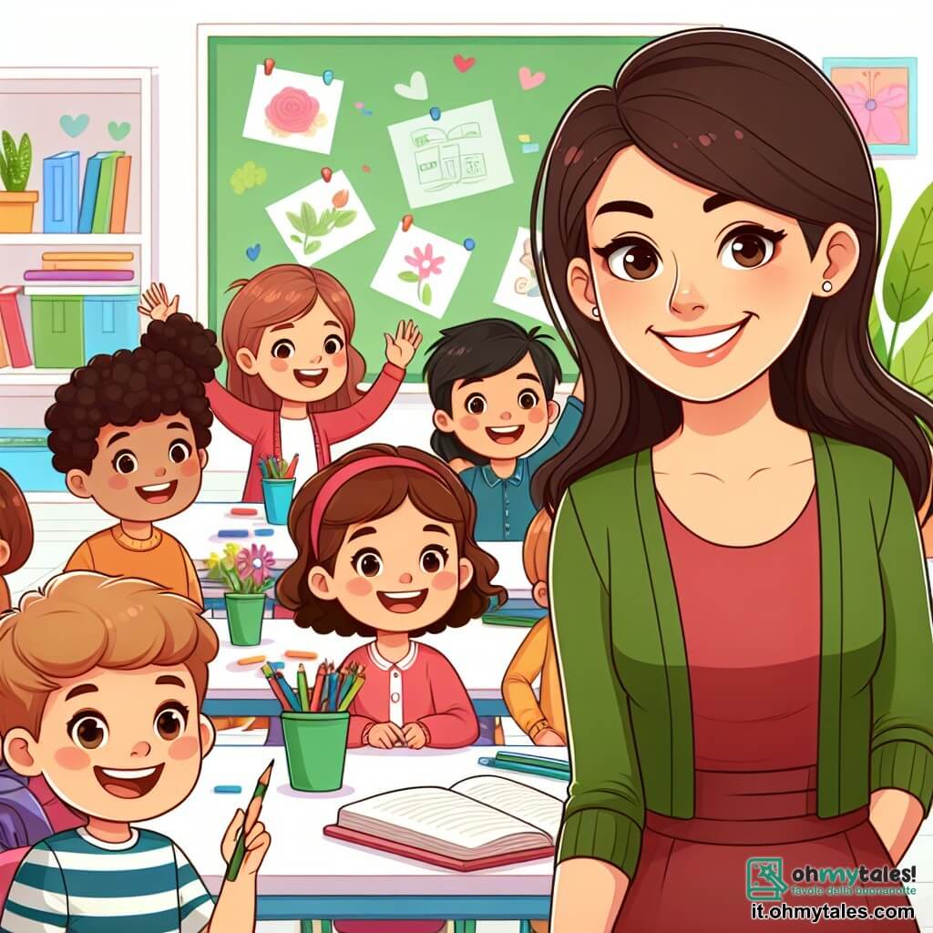Une illustration destinée aux enfants représentant une institutrice souriante et bienveillante, entourée de ses élèves curieux et joyeux, dans une salle de classe lumineuse et colorée remplie de livres, de dessins et de plantes vertes.