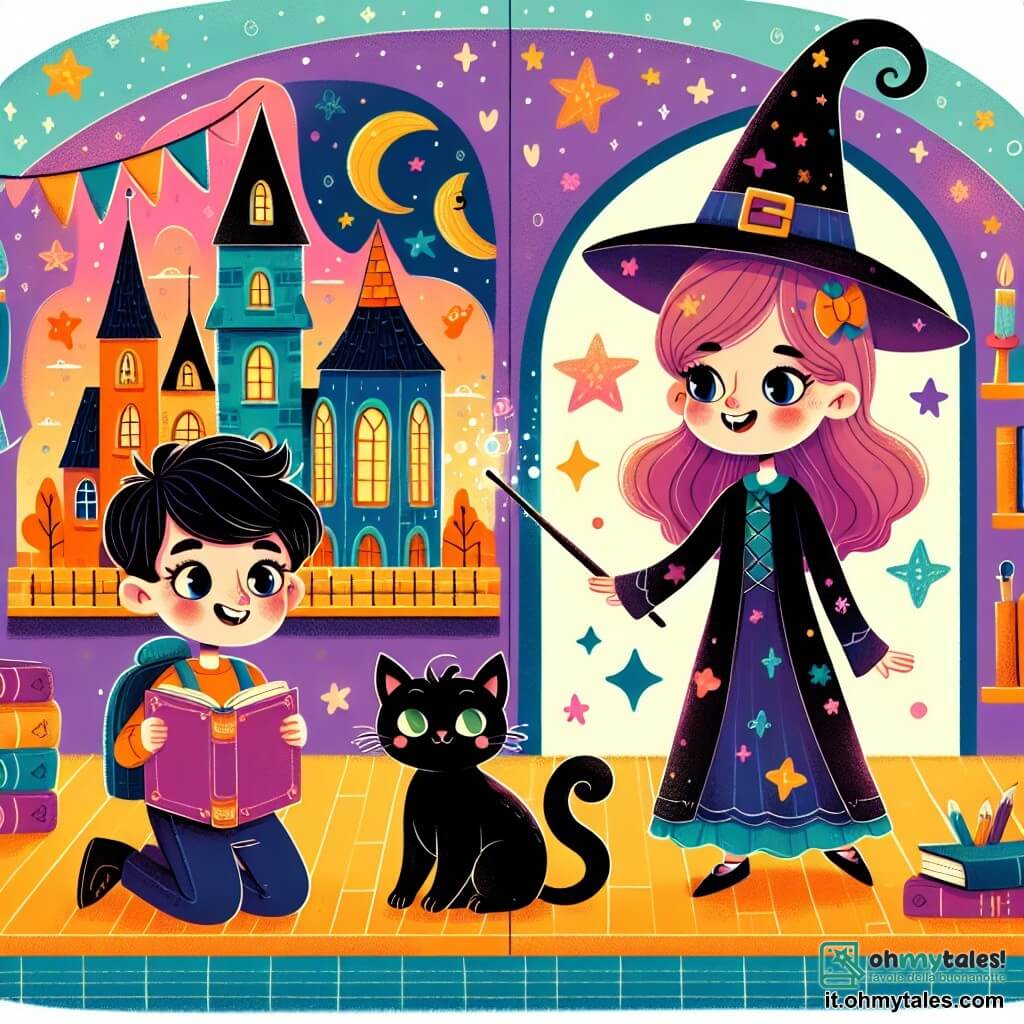 Une illustration destinée aux enfants représentant une apprentie sorcière espiègle et curieuse, accompagnée d'un chat noir malicieux, dans une école de magie colorée et pleine de mystères.