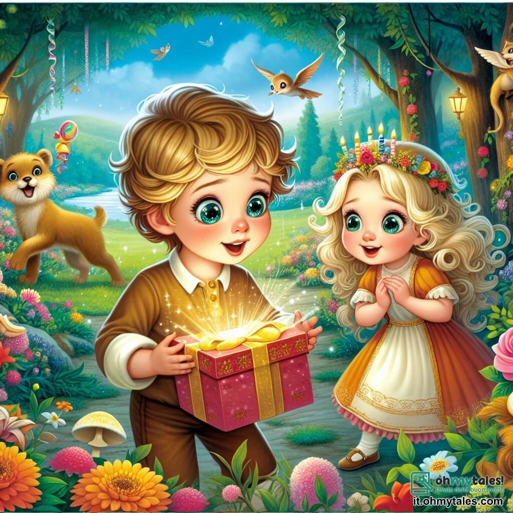 Une illustration destinée aux enfants représentant un garçon aux yeux pétillants découvrant un mystérieux paquet lors de son anniversaire, accompagné de sa petite sœur, une fillette aux boucles dorées, dans un jardin enchanté rempli de fleurs colorées et d'animaux parlants.
