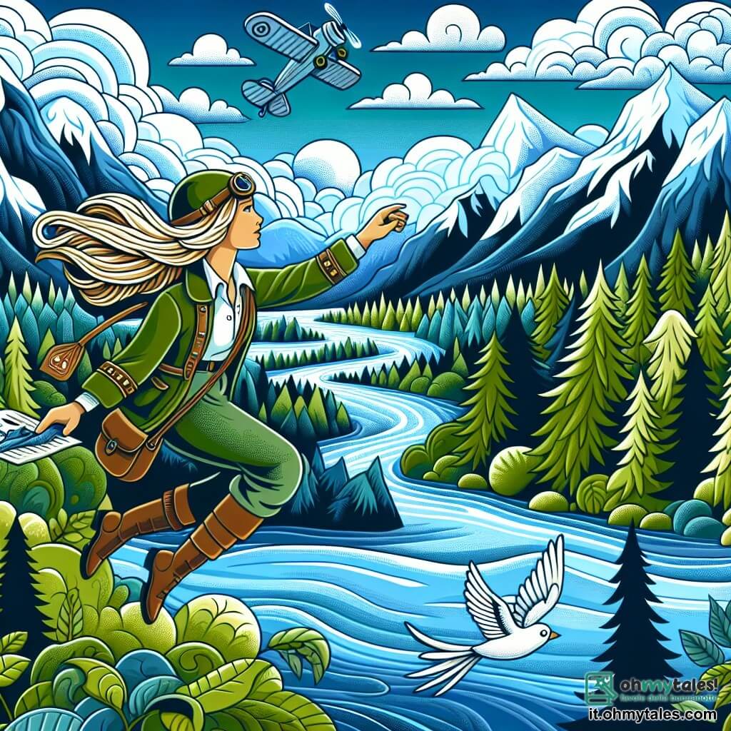 Une illustration destinée aux enfants représentant une pilote d'avion intrépide, accompagnée d'un petit oiseau perdu, survolant une magnifique forêt luxuriante avec des montagnes majestueuses, des rivières scintillantes et des nuages blancs comme des flocons de coton.