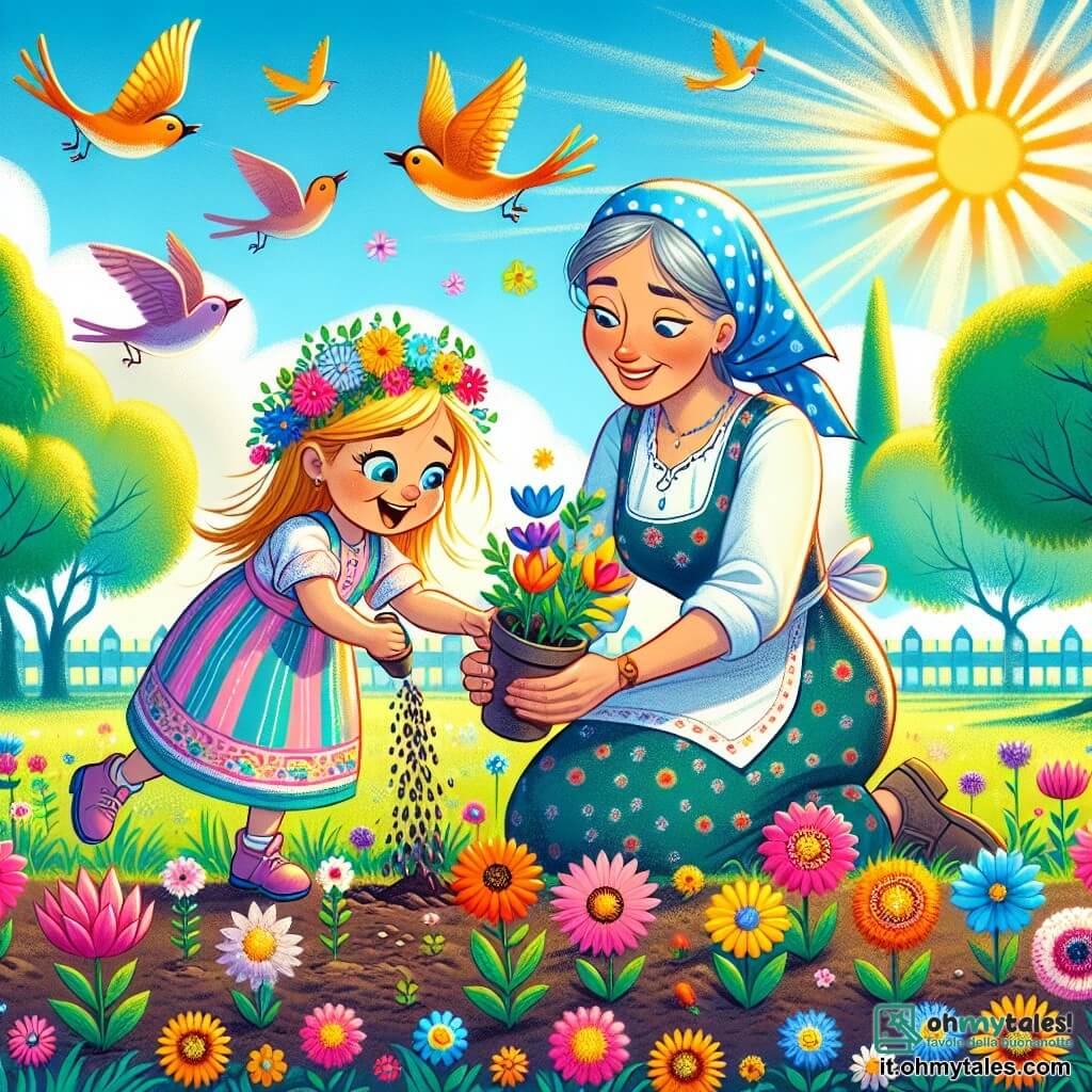 Une illustration destinée aux enfants représentant une fillette curieuse et pleine d'énergie qui, accompagnée de sa maman bienveillante, sème des fleurs colorées dans un parc verdoyant et ensoleillé, où des oiseaux joyeux volent au-dessus d'elle.