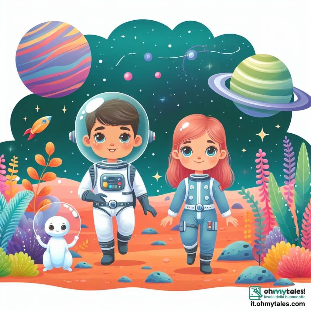 Une illustration destinée aux enfants représentant une jeune astronaute (fille) explorant un monde extraterrestre aux côtés d'un adorable alien (garçon), sur une planète lointaine aux couleurs chatoyantes et aux plantes lumineuses.