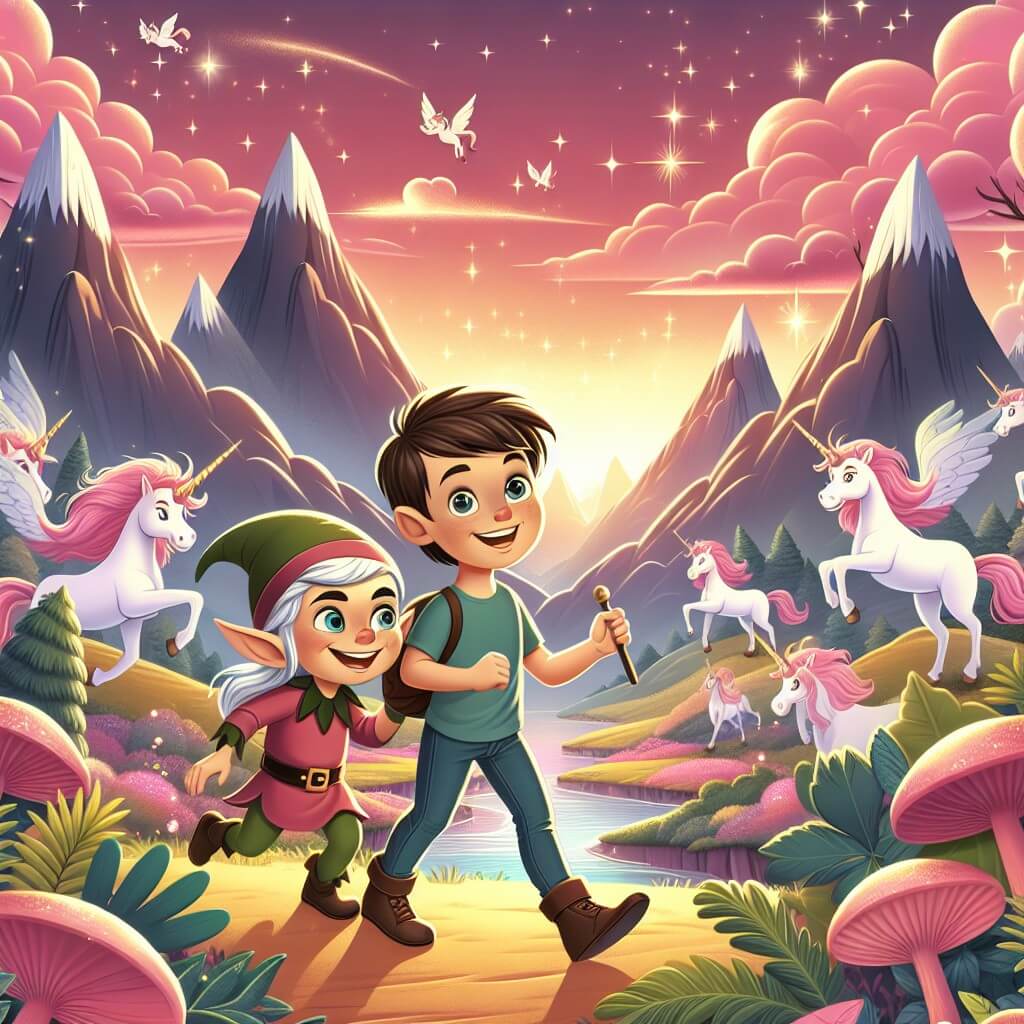 Une illustration destinée aux enfants représentant un lutin malicieux, accompagné d'un jeune garçon, explorant un monde féerique rempli de licornes dans une vallée enchantée, entourée de montagnes majestueuses et baignée par un ciel rose aux reflets dorés.