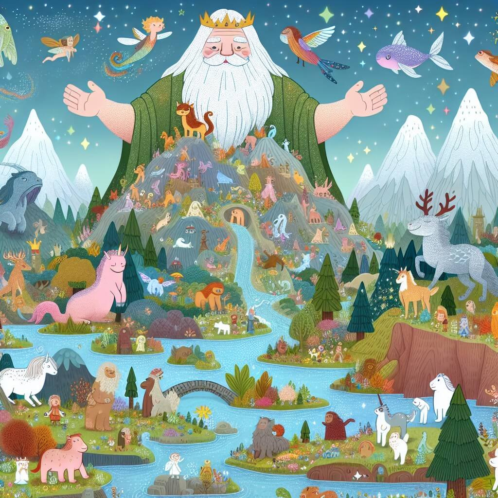 Une illustration destinée aux enfants représentant un géant bienveillant, entouré d'une multitude de créatures fantastiques, dans un royaume enchanté niché au sommet d'une montagne céleste, où les rivières scintillent de mille couleurs et les arbres dansent au rythme de la magie.