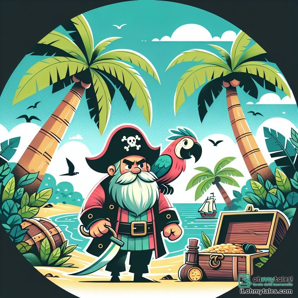 Une illustration destinée aux enfants représentant un courageux pirate barbu, accompagné de son fidèle perroquet, explorant une île mystérieuse aux palmiers majestueux, à la recherche du trésor perdu.