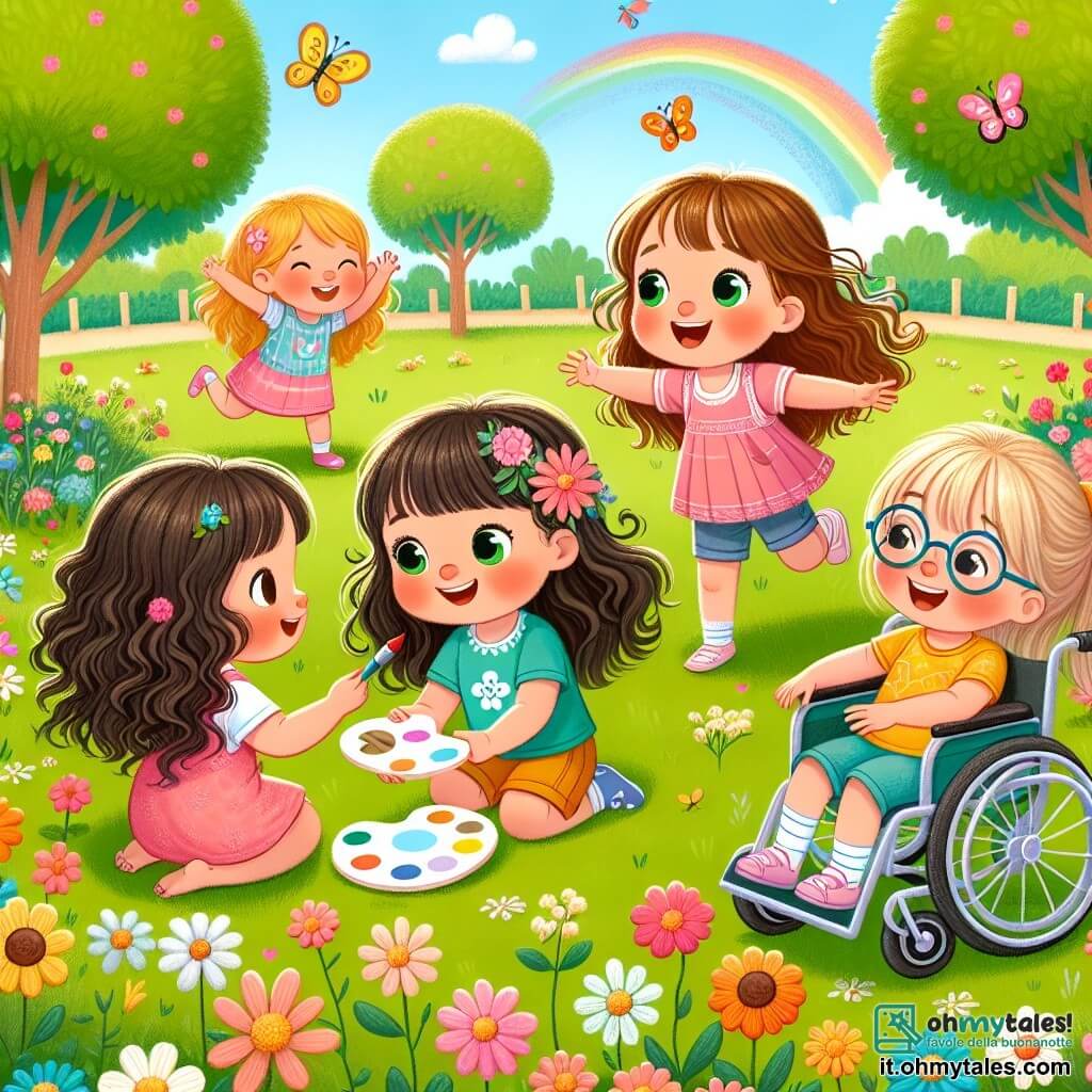 Illustrazione che rappresenta un parco soleggiato, pieno di fiori colorati e alberi verdi. Al centro, un gruppo di quattro ragazze gioca insieme sull'erba morbida, circondate da risate e gioia. La prima ragazza, di circa 8 anni, ha capelli castani e ricci, indossa un vestito rosa e tiene una tavolozza di colori, pronta a disegnare. La seconda, anch'essa di 8 anni, ha capelli biondi e lisci, indossa una maglietta blu e pantaloni corti, salta gioiosamente con grande energia. La terza ragazza, di 7 anni, ha capelli castani e porta occhiali, è seduta su una bella sedia a rotelle decorata con fiori, sorridendo con entusiasmo. L'ultima, di 8 anni, ha capelli neri e indossa un vestito giallo, si avvicina alla ragazza in sedia a rotelle per mostrarle una bella palla rossa. La scena cattura un momento di condivisione e amicizia, dove le ragazze si aiutano e si divertono insieme, illustrando la bellezza dell'inclusione e della diversità. Sullo sfondo, farfalle volano intorno a loro e uccelli cantano sugli alberi, aggiungendo un tocco di magia a questa giornata di sole.