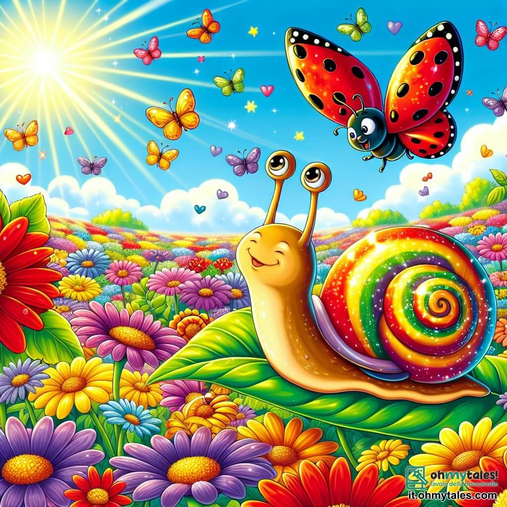 Illustrazione che rappresenta un vasto campo di fiori colorati, dove petali vibranti di rosso, giallo e viola danzano dolcemente sotto un cielo blu splendente. Al centro della scena, una piccola lumaca con un bel guscio a spirale lucido, striato di sfumature dorate e verdi, avanza lentamente su una foglia verde, i suoi occhi curiosi rivolti verso i fiori. Accanto a lei, una coccinella dalle ali rosse brillanti, punteggiate di punti neri, vola gioiosamente intorno, pronta ad accompagnarla nella sua esplorazione. Sullo sfondo, farfalle colorate fluttuano nell'aria, aggiungendo un tocco di magia all'ambiente. La scena principale mostra la lumaca e la coccinella che scoprono insieme la bellezza del campo, con raggi di sole che illuminano il loro cammino e una leggera brezza che fa vibrare i fiori intorno a loro.