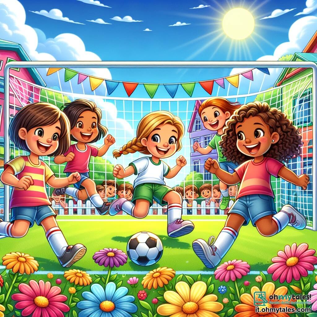 Illustrazione che rappresenta un campo da calcio soleggiato, circondato da fiori colorati e case dai toni vivaci, con bandiere svolazzanti nei colori dell'arcobaleno. Al centro, quattro ragazze di nove anni, tutte sorridenti e piene di energia, sono in azione: una, con i capelli castani e ricci, dribbla il pallone con agilità; un'altra, con i capelli biondi e intrecciati, si prepara a tirare in porta con un'espressione determinata; la terza, con i capelli castani e lisci, è in posizione da portiere, pronta a bloccare un tiro; e l'ultima, con i capelli rossi e corti, incoraggia le sue amiche con entusiasmo. Sullo sfondo, bambini di diverse età, ragazzi e ragazze, le guardano con ammirazione, applaudendo e sorridendo, testimoniando lo spirito di squadra e l'uguaglianza di genere. Il cielo è blu e sereno, aggiungendo un'atmosfera gioiosa e dinamica alla scena.