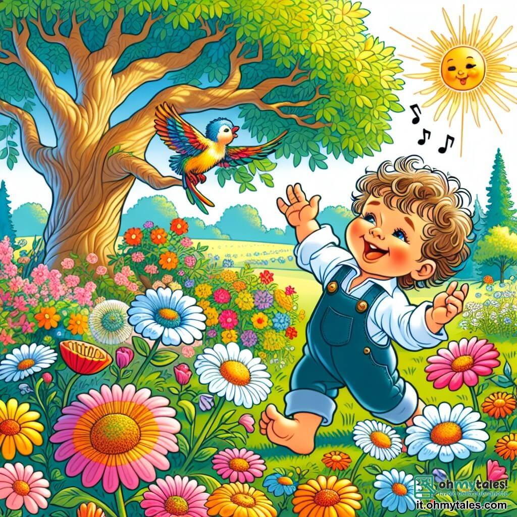 Une illustration sous forme de dessin destinée aux enfants représentant un jardin ensoleillé, rempli de fleurs colorées et d'un grand arbre aux branches étendues, où un petit garçon d'environ un an, avec des cheveux bouclés et un sourire éclatant, danse joyeusement parmi les fleurs, tandis qu'un petit oiseau aux plumes vives se perche sur une branche, chantant gaiement, illustrant ainsi le moment où le garçon découvre que la véritable joie se trouve dans les petits plaisirs de la vie.