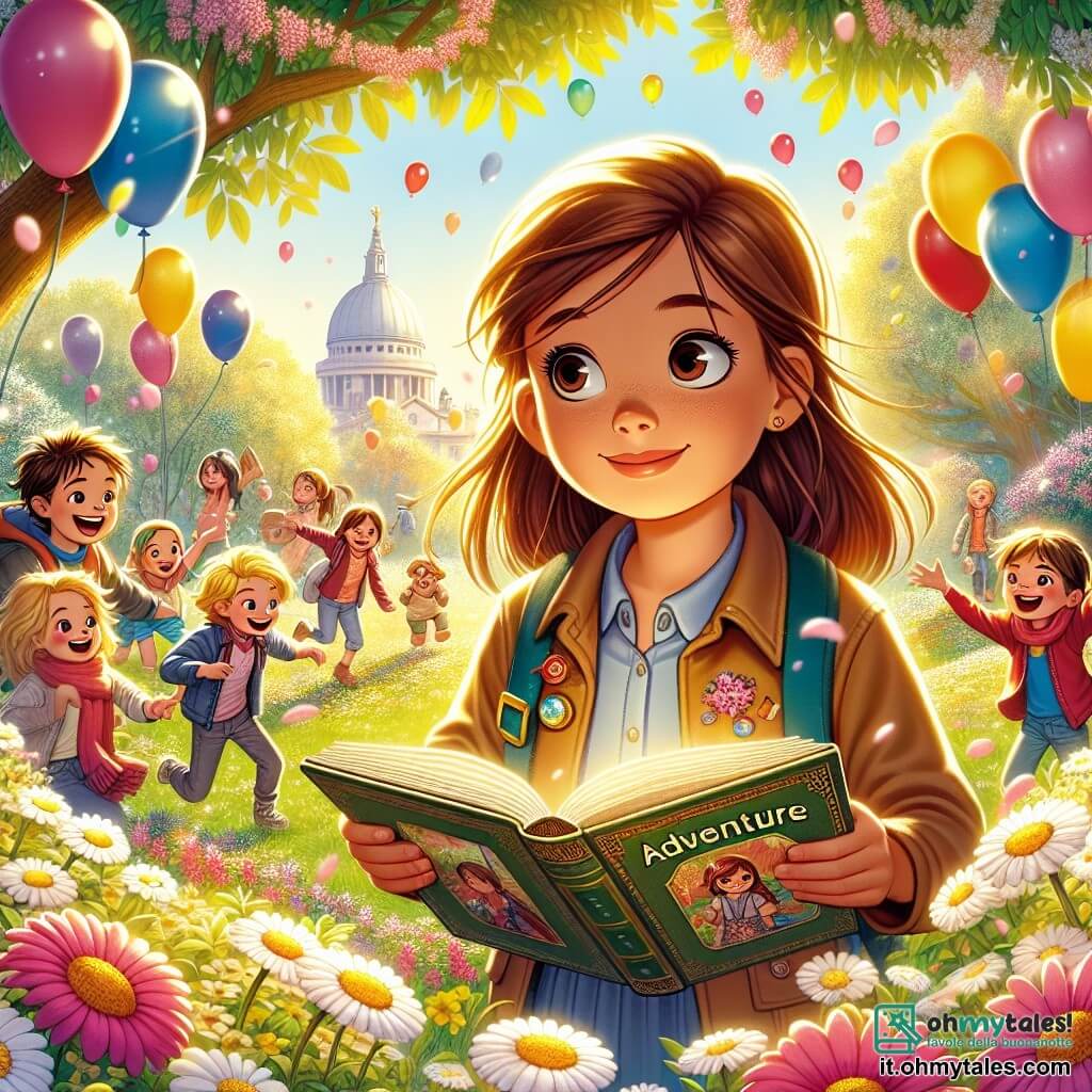 Une illustration sous forme de dessin destinée aux enfants représentant un parc ensoleillé avec des arbres en fleurs et des ballons colorés flottant dans l'air, où une fille de 11 ans aux longs cheveux bruns et aux yeux curieux se tient au centre, tenant un livre d'aventures dans ses mains, entourée de ses amis, un garçon aux cheveux blonds et un autre garçon aux cheveux bruns, tous deux souriants et jouant ensemble, tandis qu'en arrière-plan, un groupe d'enfants rit et s'amuse, symbolisant la joie et le souvenir d'un ami perdu, avec une atmosphère à la fois joyeuse et mélancolique.