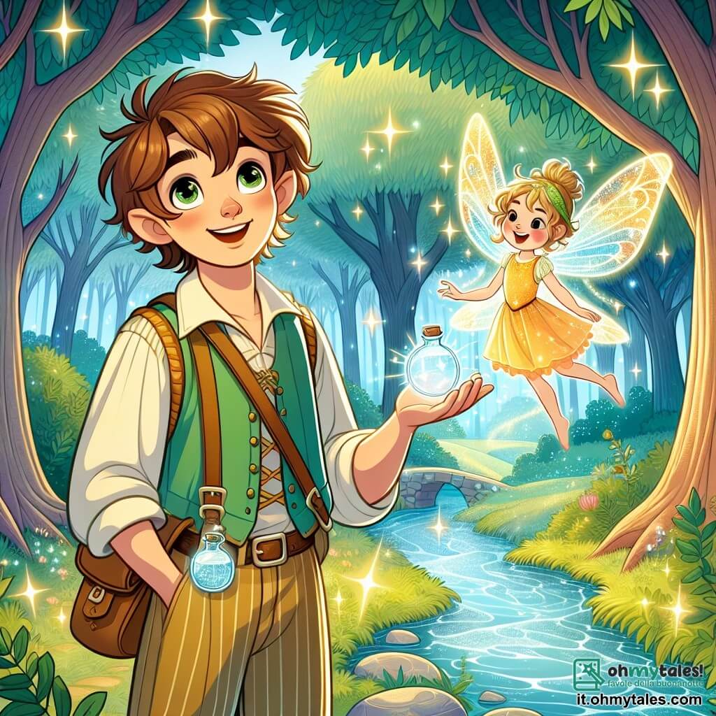 Une illustration sous forme de dessin destinée aux enfants représentant une forêt enchantée, avec des arbres majestueux aux feuilles scintillantes et un ruisseau lumineux serpentant à travers le paysage ; un homme aux cheveux bruns et aux yeux pétillants, vêtu de vêtements simples mais colorés, se tient avec un sourire émerveillé, tenant un flacon d'eau magique dans une main et un éclat de lumière dans l'autre, tandis qu'à ses côtés, une petite fée aux ailes translucides et brillantes, avec des cheveux dorés, danse joyeusement, créant une atmosphère de magie et d'aventure, alors qu'ils se préparent à affronter ensemble les défis d'une quête pour retrouver une histoire perdue.