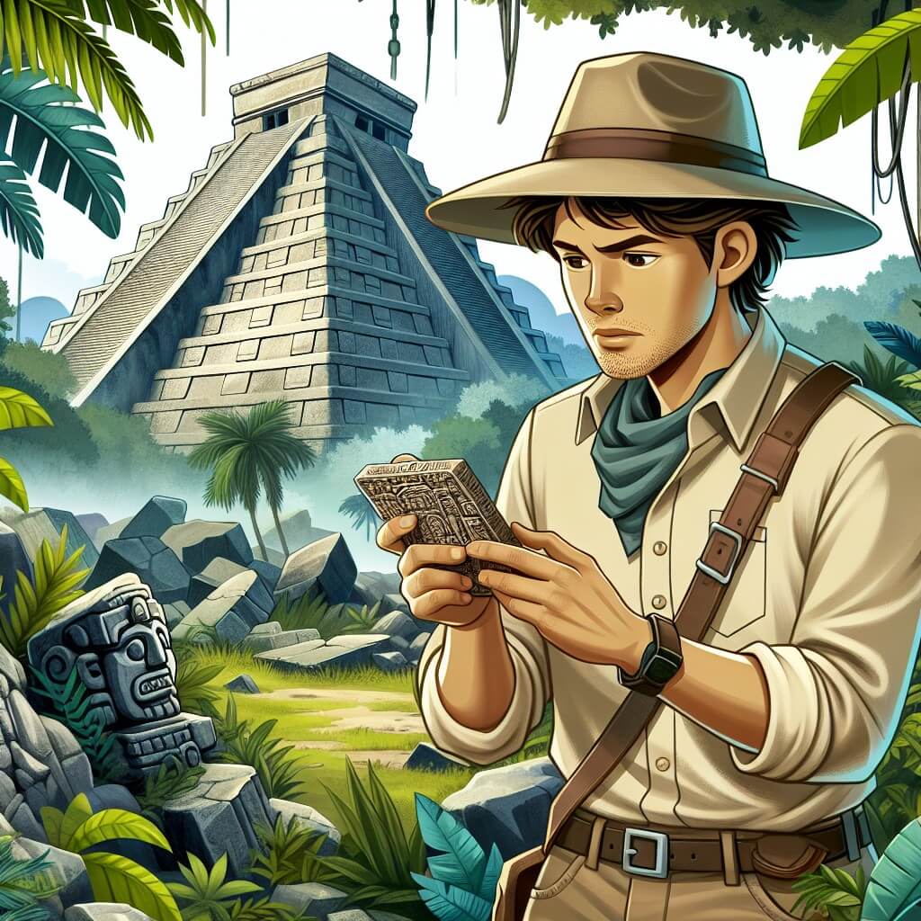 Une illustration destinée aux enfants représentant un courageux archéologue, vêtu d'une chemise beige et d'un chapeau d'explorateur, qui découvre un mystérieux artefact dans les ruines d'une ancienne cité maya, entouré d'une dense végétation tropicale luxuriante et de majestueuses pyramides en pierre.