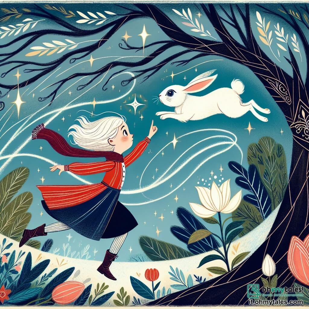 Une illustration destinée aux enfants représentant une jeune fille courageuse face à un défi impossible, accompagnée d'un lapin blanc aux yeux brillants, dans un jardin enchanté aux arbres dansants et aux fleurs qui chantent.