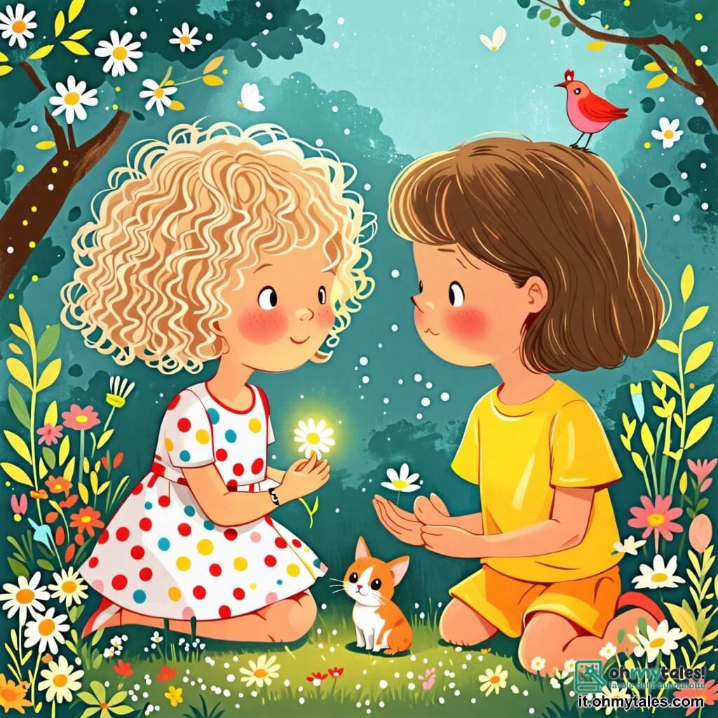 Une illustration sous forme de dessin destinée aux enfants représentant un jardin coloré et fleuri, où une petite fille de 6 ans aux cheveux bouclés et blonds, vêtue d'une robe à pois, est agenouillée en train d'examiner un petit campanellino scintillant sur le sol, tandis qu'à ses côtés, une autre petite fille aux cheveux bruns et lisses, portant un t-shirt jaune, observe attentivement autour d'elles, toutes deux cherchant leur ami Gatto Bianco, le gattino disparu, avec des expressions de curiosité et d'excitation sur leurs visages, entourées de fleurs vibrantes et d'oiseaux chantants.