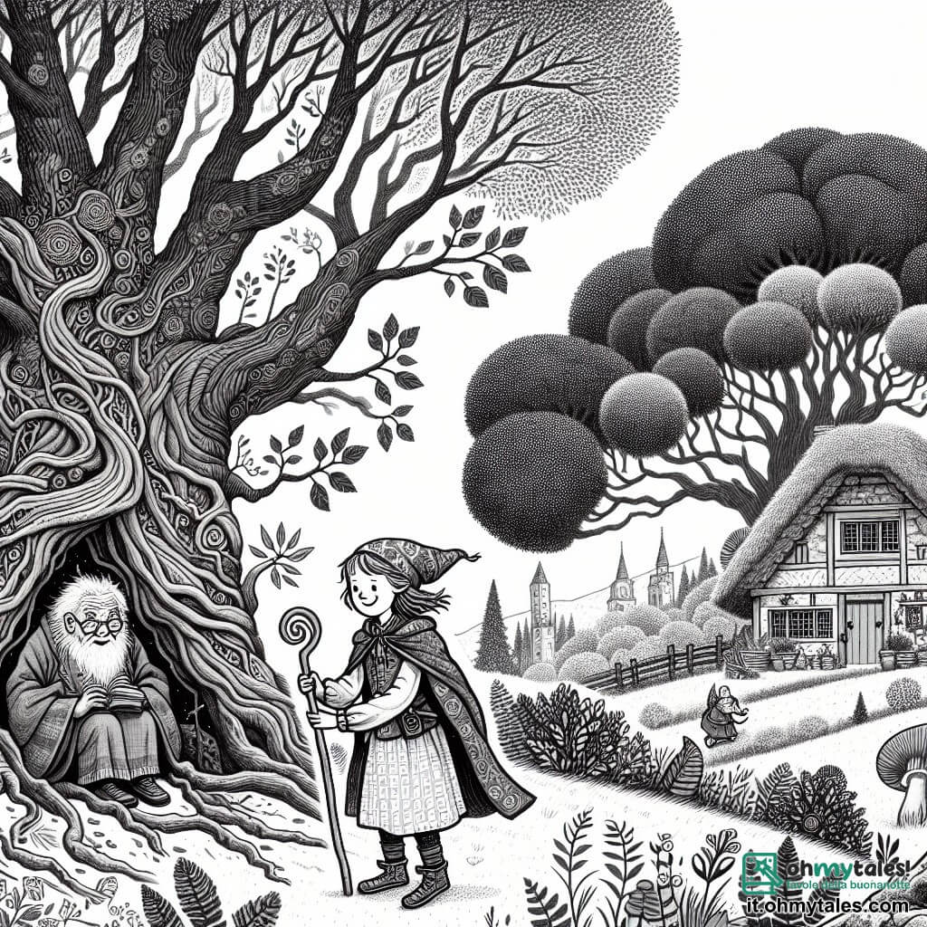 Une illustration destinée aux enfants représentant une fillette curieuse et joueuse, un vieux arbre malade qui lui demande de l'aide, la sage grand-mère Margherita, une petite maison accogliente ai margini di un bosco antico avec un grand quercia majestueux aux racines profondes.