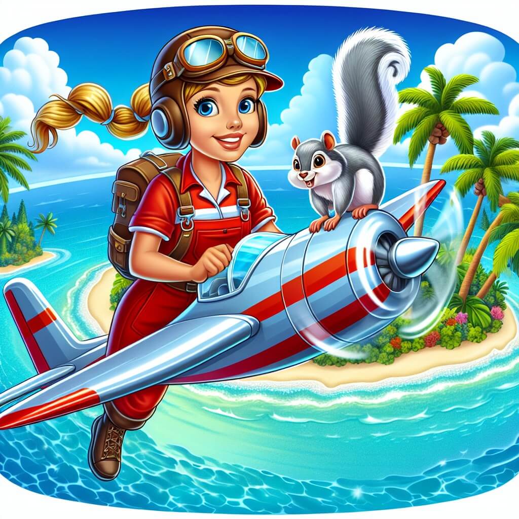 Une illustration destinée aux enfants représentant une pilote d'avion intrépide, dans sa combinaison rouge vif, survolant un ciel bleu éclatant, accompagnée de son fidèle copilote, un écureuil volant, au-dessus d'une île tropicale luxuriante bordée de palmiers et entourée d'une mer turquoise scintillante.