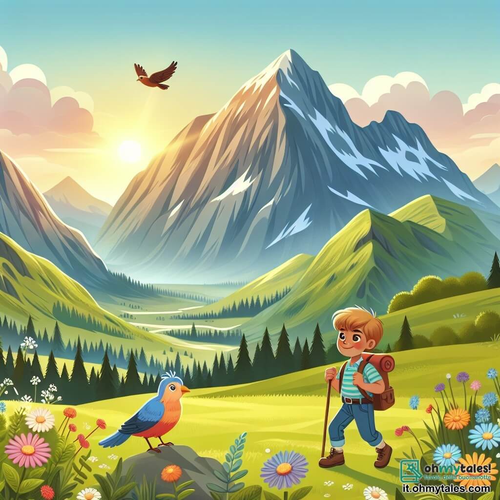 Une illustration destinée aux enfants représentant un jeune garçon plein de vie, se tenant courageusement devant une montagne escarpée, accompagné d'un oiseau coloré, dans un vaste paysage montagneux parsemé de fleurs sauvages et baigné par la lumière dorée du soleil couchant.