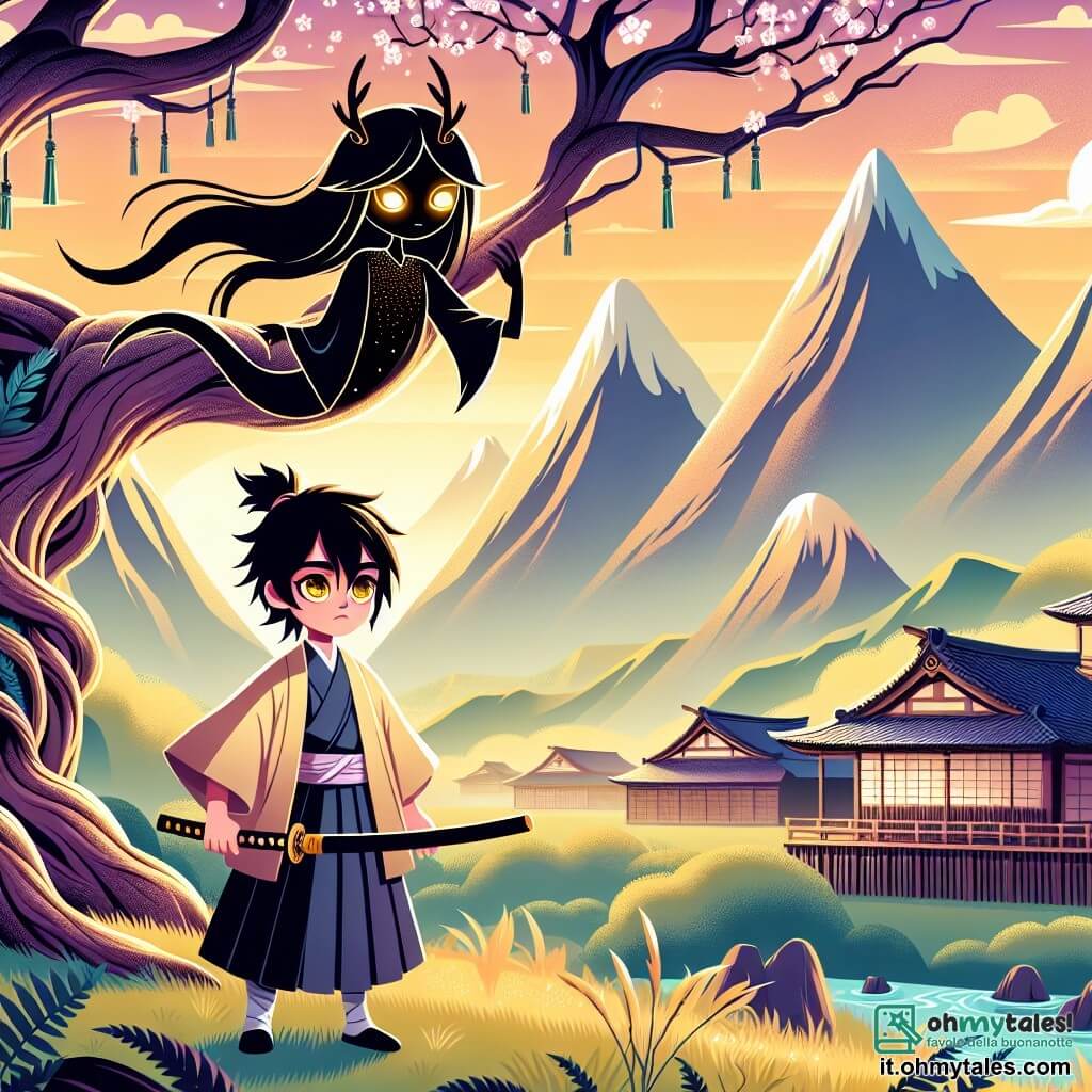 Une illustration sous forme de dessin destinée aux enfants représentant un paisible village japonais entouré de montagnes majestueuses, avec un jeune garçon aux cheveux noirs et aux yeux brillants, vêtu d'un kimono traditionnel, tenant un katana et regardant avec détermination un ancien arbre séculaire, tandis qu'un grand esprit bienveillant aux yeux scintillants et à la silhouette éthérée se dresse à ses côtés, prêt à lui poser une question cruciale pour sa quête, le tout baigné dans une douce lumière dorée du soleil couchant qui illumine la scène magique.