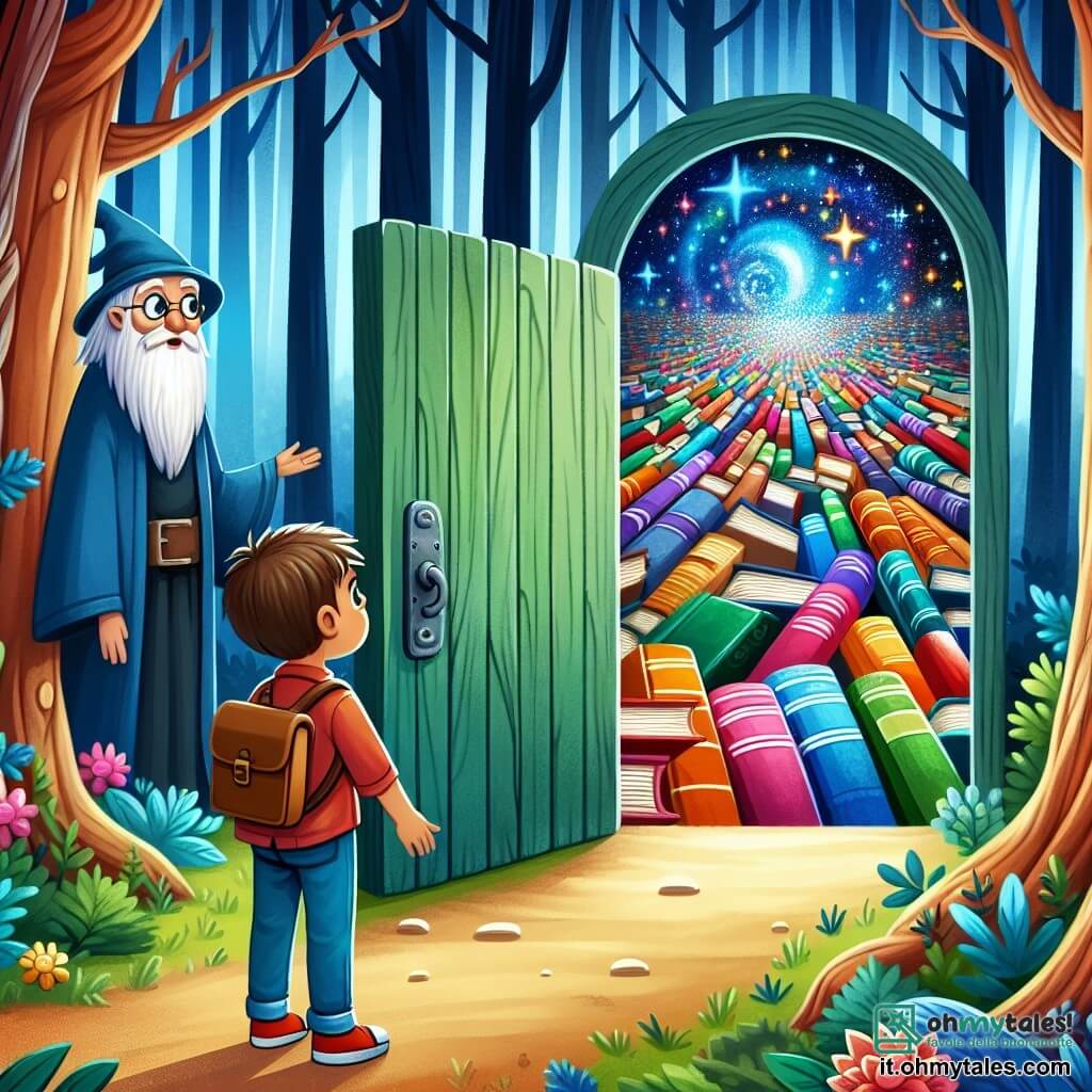 Une illustration destinée aux enfants représentant un jeune garçon curieux, se tenant devant une porte mystérieuse cachée dans une forêt enchantée, accompagné d'un sage gardien et découvrant un vaste monde coloré rempli de livres qui touchent le ciel, dans une bibliothèque infinie.