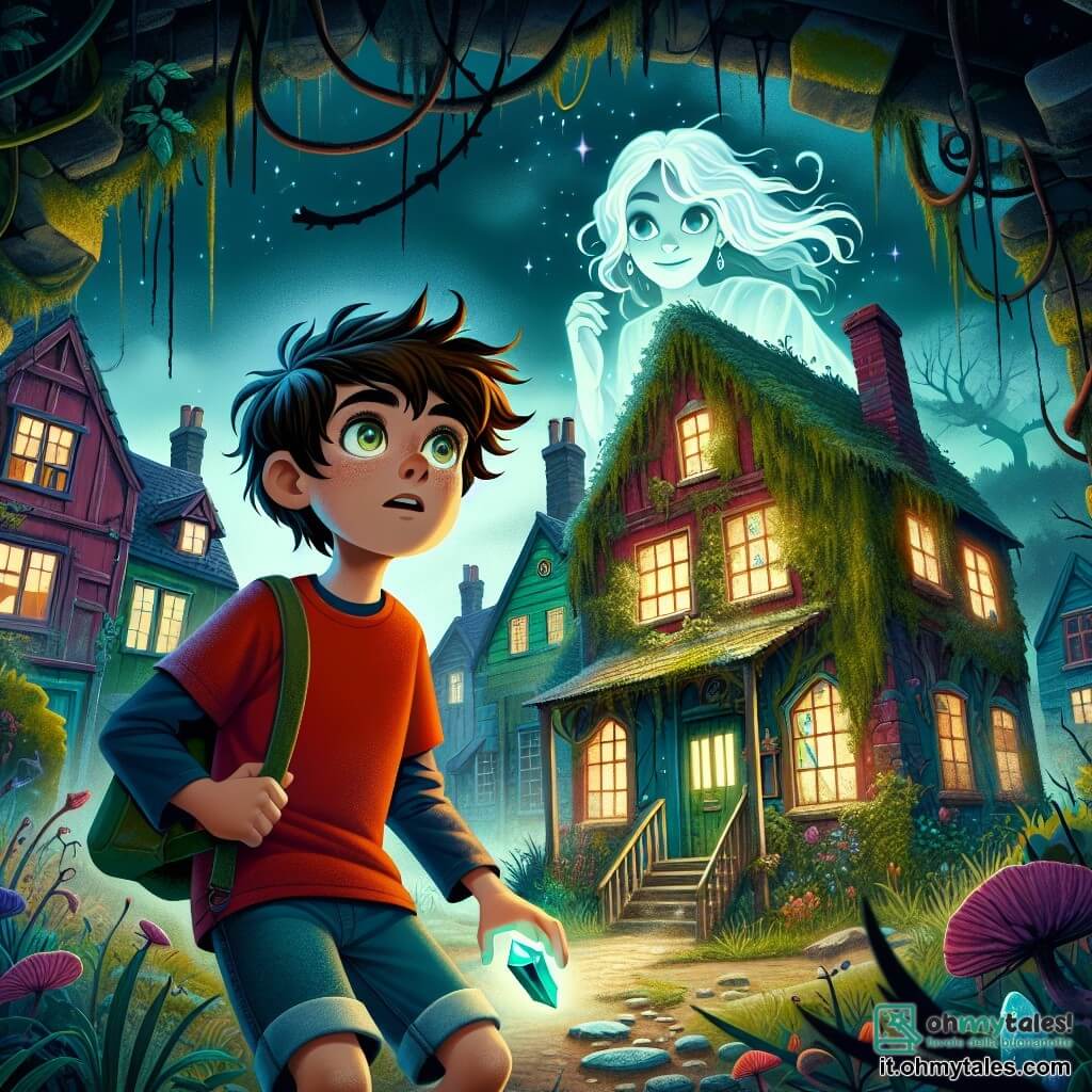 Illustrazione che rappresenta un misterioso villaggio abbandonato, con case dai colori vivaci ma sbiaditi, coperte di muschio e liane. Il cielo è nuvoloso, creando un'atmosfera cupa e intrigante. Al centro dell'immagine, un ragazzo di 11 anni, con i capelli castani arruffati e gli occhi scintillanti di curiosità, si trova davanti a una vecchia casa. Indossa una maglietta rossa e dei pantaloni corti di jeans, tenendo un cristallo brillante nella mano, guardando con determinazione verso l'interno della casa. Sullo sfondo, una silhouette eterea di una ragazza di circa 12 anni, con lunghi capelli bianchi fluttuanti e un vestito strappato, osserva il ragazzo con un sorriso incoraggiante. I suoi occhi brillano di un'aura misteriosa e sembra pronta ad aiutarlo nella sua ricerca. La scena cattura il momento in cui il ragazzo si appresta a entrare nella casa buia, mentre un soffio di vento fa tremare le foglie intorno a loro. Ombre danzano sulle pareti, suggerendo la presenza di una magia antica. Elementi grafici aggiuntivi includono cristalli scintillanti sparsi sul pavimento e liane che si aggrappano alle porte, rafforzando l'atmosfera di mistero e avventura.