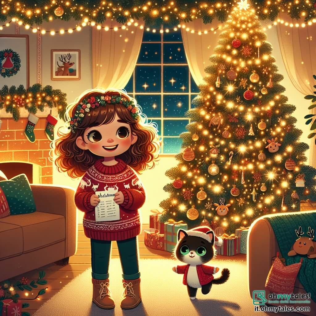Une illustration sous forme de dessin destinée aux enfants représentant un chaleureux salon décoré pour Noël, avec un grand arbre scintillant rempli de lumières et de guirlandes, au centre de la scène, une fille de 7 ans aux cheveux châtains bouclés, portant un pull rouge avec un motif de renne, qui sourit en tenant une liste de souhaits dans ses mains, tandis qu'un petit chat noir aux yeux verts, curieux, se faufile autour de ses jambes, le tout baigné dans une douce lumière dorée qui évoque la magie de Noël et l'excitation de la veille des fêtes.