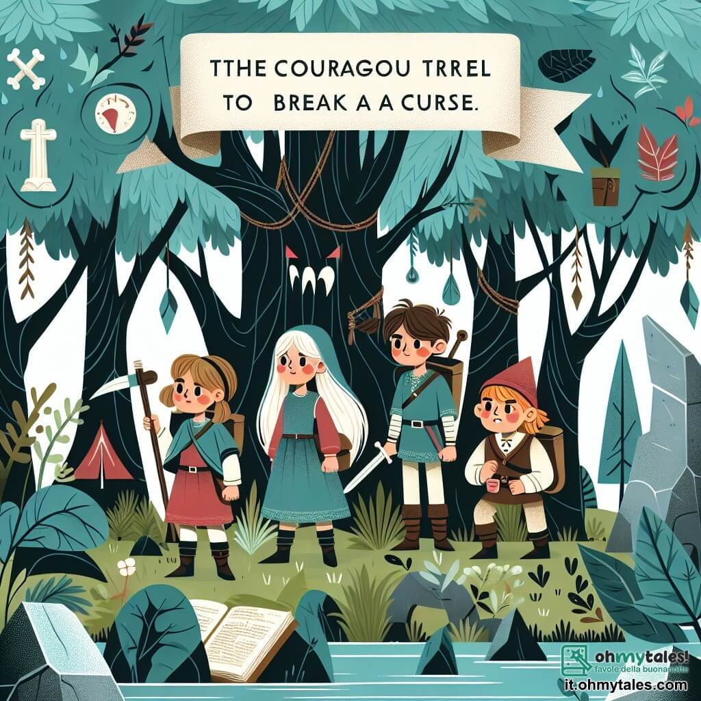 Une illustration destinée aux enfants représentant une petite fille intrépide, accompagnée de ses trois amis courageux, explorant une île mystérieuse entourée d'arbres alti et frondosi, où ils doivent affronter des épreuves pour briser une maledizione.