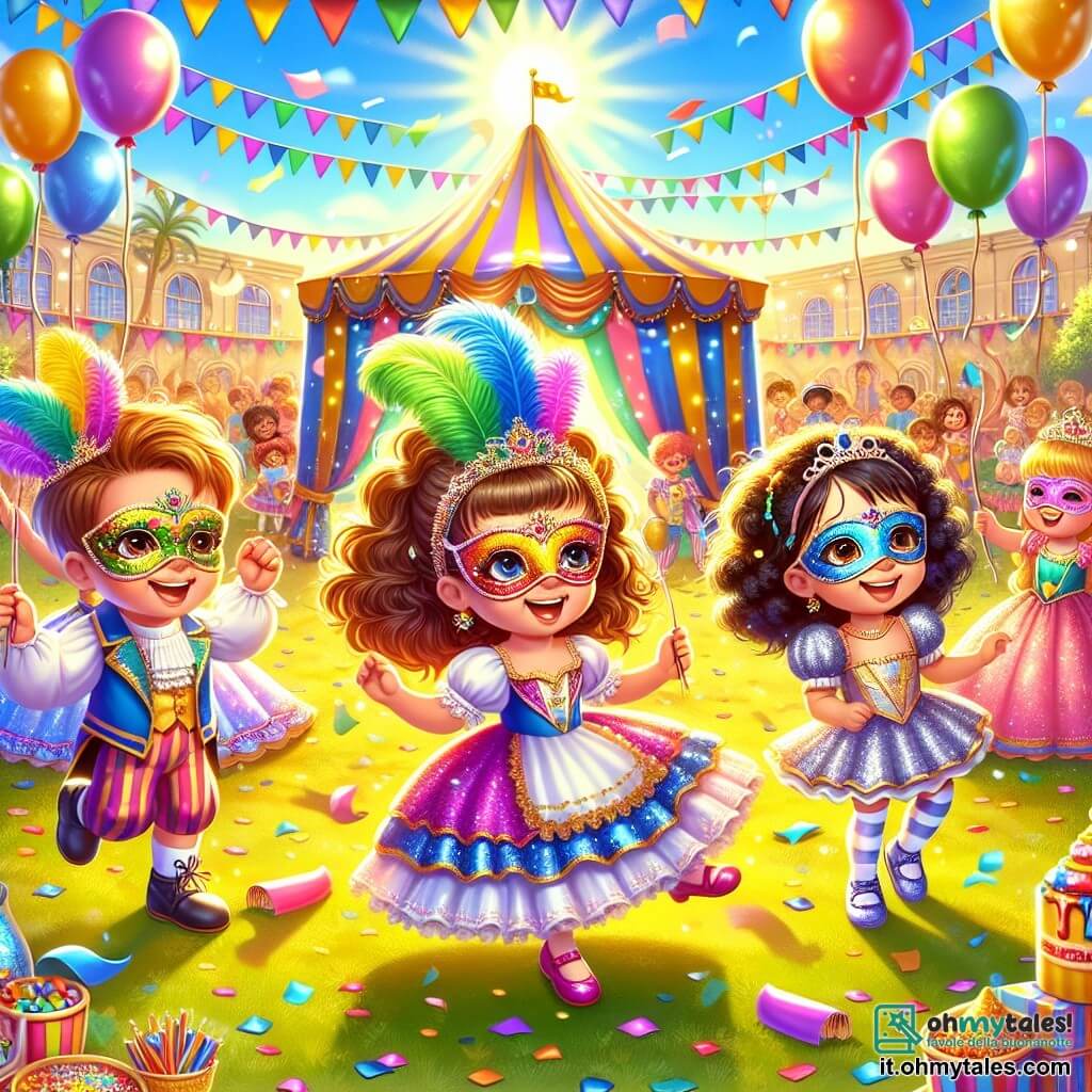 Illustrazione che rappresenta una scena vibrante di un carnevale in un cortile scolastico soleggiato. Il pavimento è coperto di coriandoli colorati e bandierine multicolori sventolano nel vento. Sullo sfondo, un grande tendone decorato con palloncini e festoni crea un'atmosfera festosa. In primo piano, una bambina di tre anni con capelli ricci e occhi scintillanti indossa una maschera colorata ornata di piume blu e verdi. Accanto a lei, un bambino di tre anni con capelli castani e un sorriso radioso è vestito da clown con un costume colorato e scarpe giganti. Un'altra bambina di tre anni, con capelli lisci e neri, indossa un costume da principessa scintillante e tiene dei palloncini in mano. La scena principale mostra i bambini che ballano gioiosamente sotto il sole, circondati da risate e musica. I loro volti illuminati da esplosioni di gioia si divertono insieme, creando un'atmosfera di amicizia e felicità. Dolci come caramelle e torte sono visibili su un tavolo vicino, aggiungendo magia al momento.