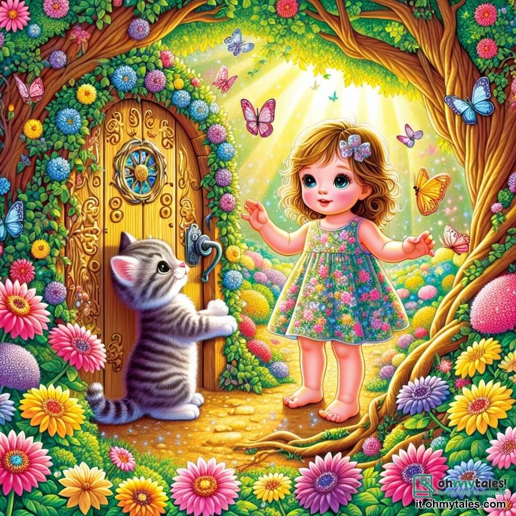 Illustrazione che rappresenta un giardino incantato, pieno di fiori colorati dai petali brillanti e grandi alberi con foglie dorate. Al centro, una bambina di circa un anno, con grandi occhi curiosi e capelli ricci, indossa un vestito leggero con motivi floreali. È accovacciata davanti a una piccola porta di legno adornata da liane, osservando con meraviglia il mondo magico che si nasconde dietro. Accanto a lei, un gattino dai peli morbidi e setosi, con strisce grigie e occhi scintillanti, si erge sulle zampe posteriori, come se la invitasse a entrare. La scena trasmette un'atmosfera di gioia e curiosità, con farfalle colorate che svolazzano intorno e raggi di sole che filtrano attraverso i rami degli alberi. Livia, affascinata, allunga la mano verso la porta, pronta a scoprire le meraviglie che l'aspettano dall'altra parte.