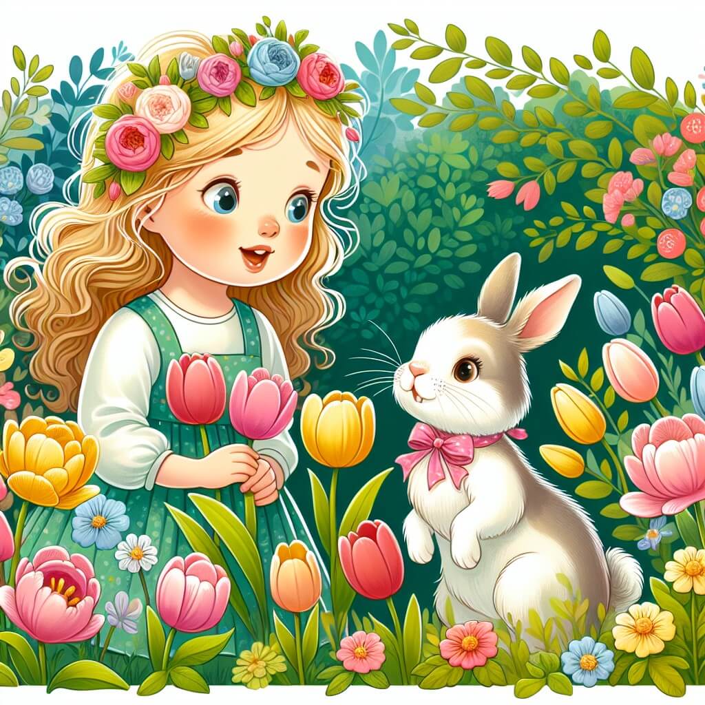 Une illustration destinée aux enfants représentant une petite fille aux boucles dorées, émerveillée par l'épanouissement des fleurs printanières, accompagnée d'un adorable lapin blanc et gris, dans un jardin luxuriant rempli de tulipes colorées et de roses parfumées.