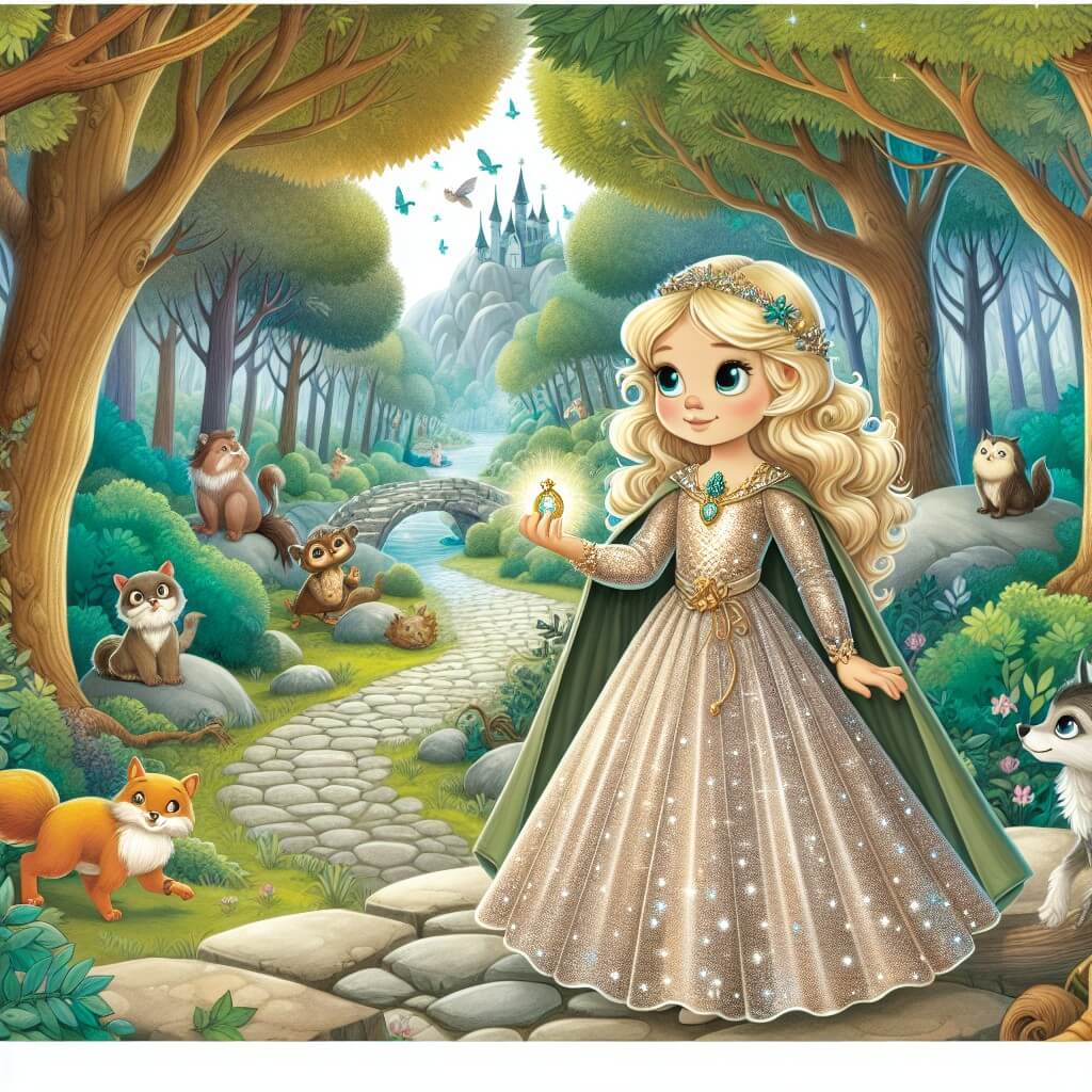 Une illustration destinée aux enfants représentant une jeune fille aux cheveux d'or, vêtue d'une robe scintillante, tenant un amulette magique, se tenant sur un sentier de pierres enchantées, entourée d'arbres majestueux et de créatures fantastiques dans une forêt enchantée.
