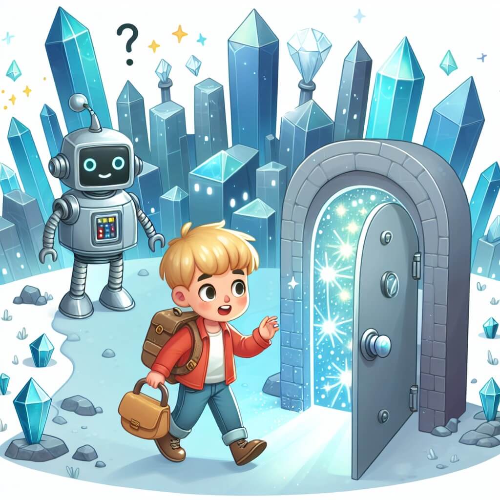 Une illustration destinée aux enfants représentant un jeune garçon curieux et futuriste, accompagné d'un robot, découvrant une porte secrète dans une ville faite de cristaux étincelants.