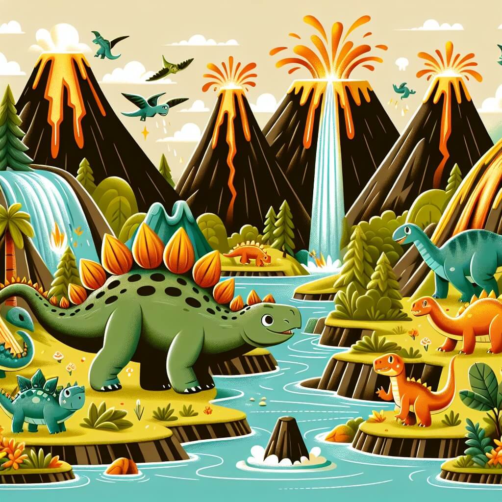 Une illustration destinée aux enfants représentant un stégosaure intrépide, entouré de ses amis, explorant une vallée luxuriante remplie de montagnes volcaniques en éruption et de cascades dorées, dans une aventure pour trouver un trésor magique.
