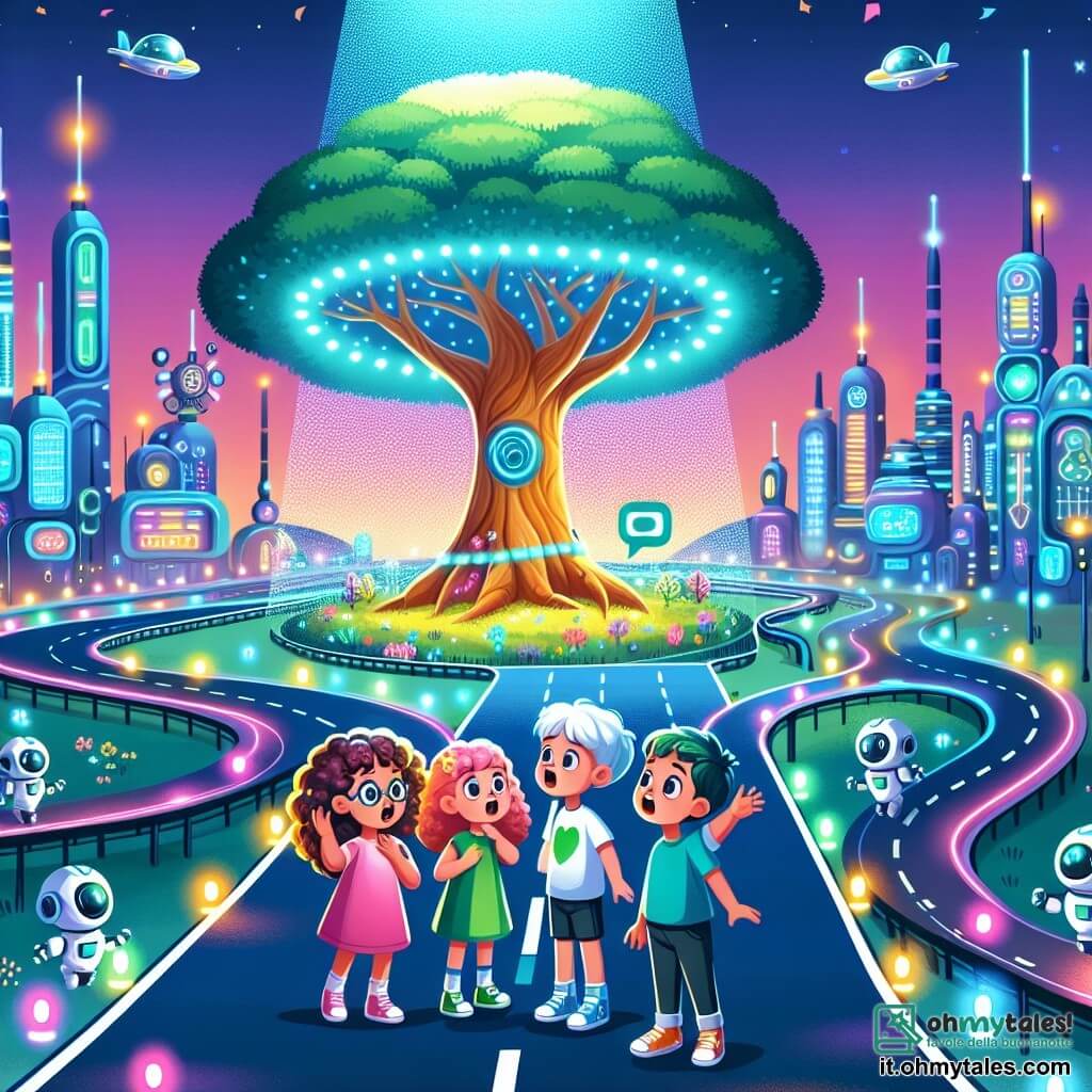 Une illustration sous forme de dessin destinée aux enfants représentant un parc technologique futuriste à Luminasia, avec des routes de lumière colorée et un grand arbre brillant au centre, où un groupe de trois enfants de cinq ans, deux filles aux cheveux bouclés et brillants, l'une portant une robe rose et l'autre un t-shirt vert, ainsi qu'un garçon aux cheveux courts et blonds en t-shirt bleu, s'émerveillent devant l'arbre parlant qui illumine leur visage d'étonnement, tandis que des petits robots amicaux jouent autour d'eux, créant une atmosphère joyeuse et pleine de curiosité.