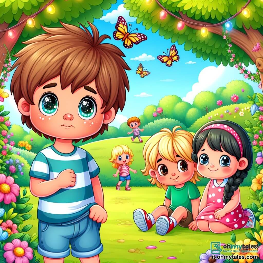 Illustrazione che rappresenta un incantevole parco soleggiato, pieno di fiori colorati e alberi verdi. Al centro della scena, un ragazzo di 5 anni, con capelli castani disordinati e occhi scintillanti, è in piedi, con un'aria pensierosa. Indossa una maglietta a righe blu e pantaloni corti gialli, e guarda con un sorriso timido, tenendo in mano un pantalone leggermente strappato. Accanto a lui, due amici, una ragazza e un ragazzo, di circa 5 anni anche loro, sono seduti sull'erba. La ragazza ha capelli biondi intrecciati e indossa un vestito rosa a pois, mentre il ragazzo ha capelli neri e indossa una maglietta verde. Si scambiano sguardi curiosi e attenti, ascoltando il ragazzo che sembra esitare a raccontare qualcosa di importante. La situazione principale mostra il ragazzo che confessa una piccola verità ai suoi amici, circondato da un decoroso e accogliente. Farfalle colorate volano intorno a loro, aggiungendo un tocco di magia all'istante. Sullo sfondo, bambini giocano allegramente, illustrando l'idea di un mondo di onestà e amicizia.