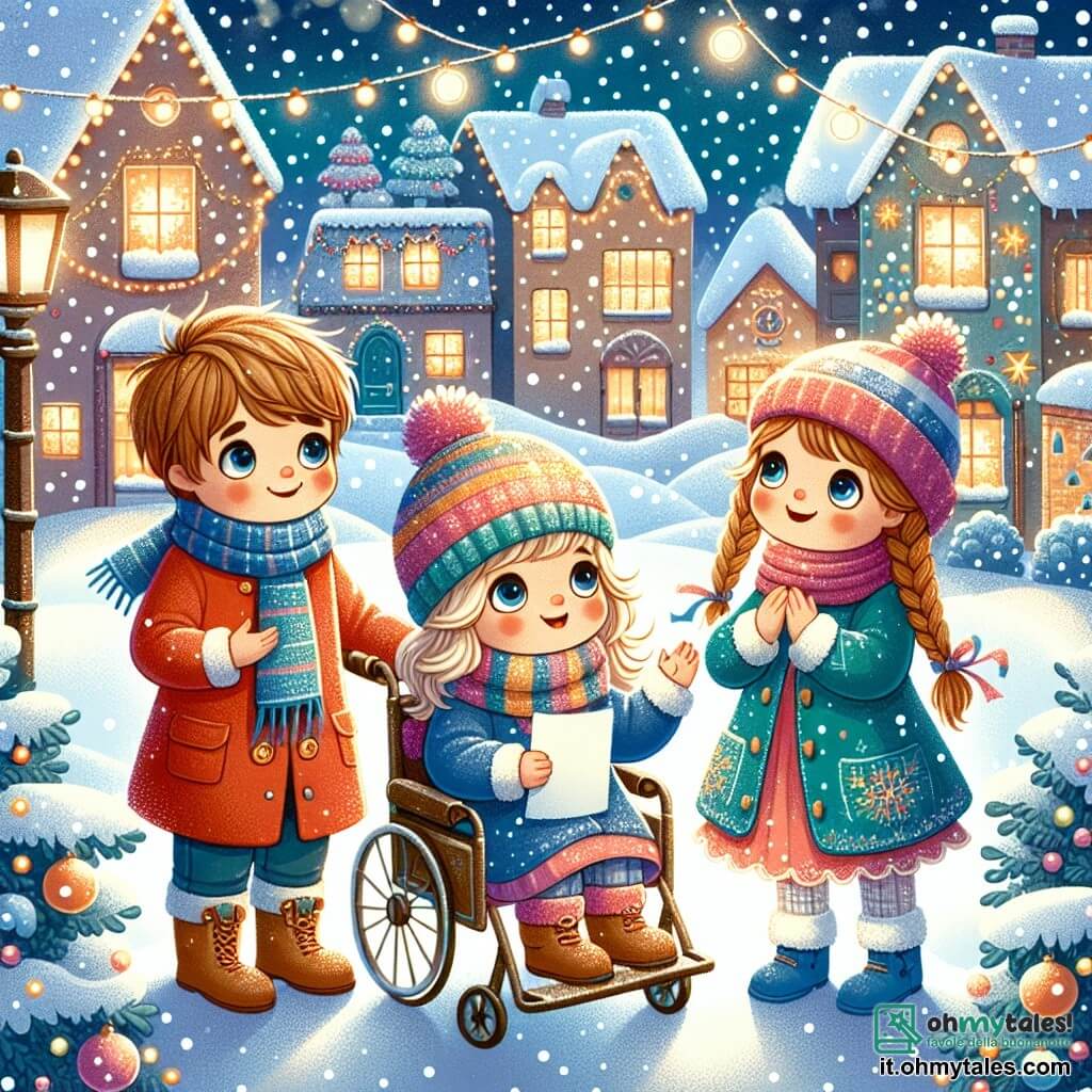 Illustrazione che rappresenta una scena magica di Natale in un piccolo villaggio innevato. Le case sono decorate con scintillanti ghirlande luminose e la neve ricopre il terreno come un dolce manto bianco. Al centro, tre bambini sono insieme, circondati da fiocchi di neve che cadono dolcemente dal cielo. Il primo bambino è un ragazzo di circa 8 anni, con capelli castani arruffati e un grande sorriso. Indossa un cappotto rosso vivo e una sciarpa a righe, tenendo una lettera di carta tra le mani e guardando i suoi amici con entusiasmo. Accanto a lui, una ragazza di circa 7 anni, con capelli biondi intrecciati e guance rosa, è seduta in una sedia a rotelle decorata con piccoli fiocchi di neve. Sorride gioiosamente, con gli occhi che brillano di felicità, indossando un berretto di lana colorato e un cappotto blu. Il terzo bambino è un ragazzo di circa 9 anni, con capelli neri e occhiali rotondi. Indossa un maglione verde con un motivo di albero di Natale e sta cantando, con le braccia alzate, come se stesse coinvolgendo i suoi amici in una canzone festiva. Sullo sfondo, i vicini escono dalle loro case, sorridendo e applaudendo, mentre un albero di Natale illuminato brilla in lontananza. L'atmosfera è gioiosa e festiva, piena di risate e magia natalizia.
