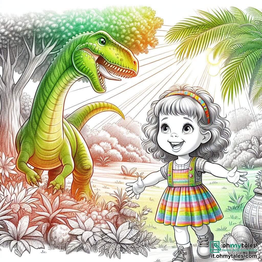 Une illustration sous forme de dessin destinée aux enfants représentant un vaste jardin verdoyant baigné par la lumière du soleil, où une petite fille de 3 ans aux cheveux bouclés et aux yeux pétillants, vêtue d'une robe colorée, joue joyeusement avec un énorme dinosaure au cou long et aux écailles vertes, tandis qu'ils explorent ensemble des plantes préhistoriques et des arbres géants, illustrant leur aventure magique à travers le temps.