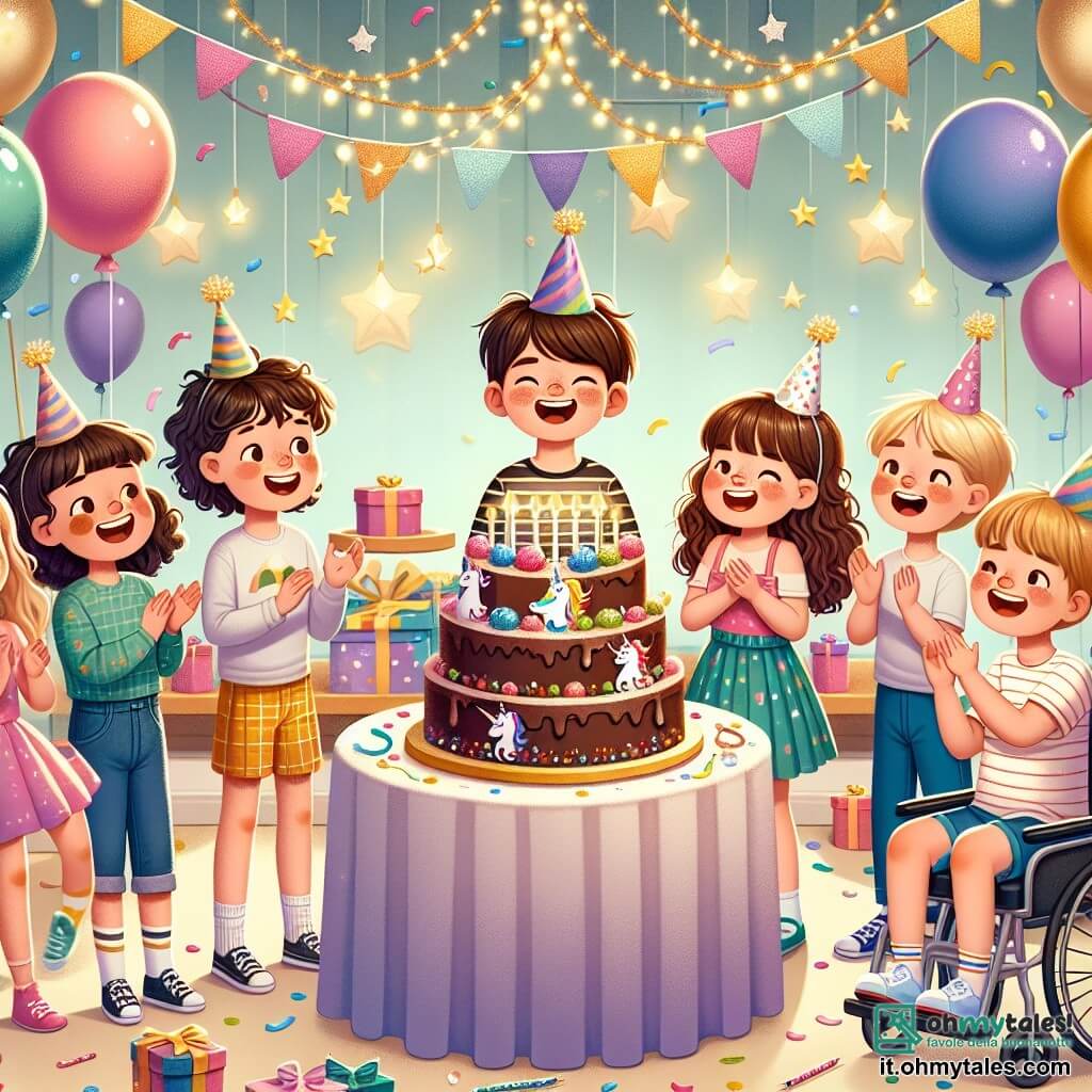 Illustrazione che rappresenta una festa di compleanno gioiosa in un salotto colorato. Le pareti sono decorate con palloncini multicolori e festoni scintillanti, mentre un grande tavolo al centro è adornato con una magnifica torta al cioccolato con candele scintillanti e decorazioni a forma di unicorno. Un ragazzo di circa 10 anni, con un sorriso splendente e un cappello da festa, si trova vicino al tavolo, pronto a spegnere le candeline. Accanto a lui, una ragazza di 10 anni, con capelli ricci e castani, applaude con entusiasmo, i suoi occhi brillano di gioia. Un altro ragazzo, indossando una maglietta a righe e pantaloni corti, balla felicemente, mentre una ragazza in sedia a rotelle sorride, tenendo in mano una piccola bandiera da festa. La scena cattura l'eccitazione e la magia del compleanno, con scoppi di risa e volti radiosi. Sullo sfondo, stelle dorate sono proiettate sul soffitto, aggiungendo un tocco fiabesco all'atmosfera. Dei coriandoli colorati fluttuano nell'aria e piccoli regali sono disposti intorno alla stanza, creando un'atmosfera festosa e calorosa.