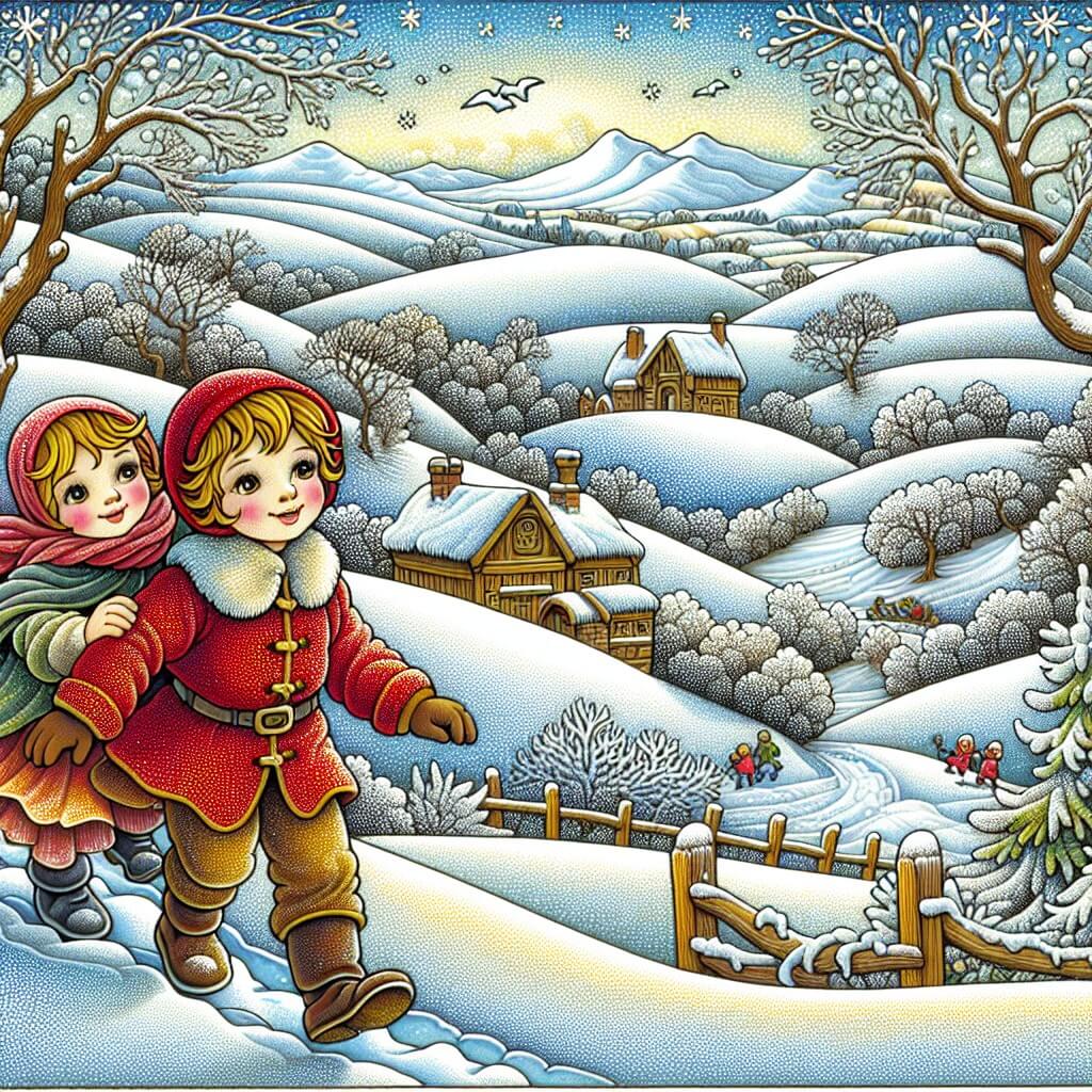 Une illustration destinée aux enfants représentant un jeune garçon vêtu d'un manteau rouge, jouant avec son ami dans un paysage hivernal enneigé, entouré de collines recouvertes d'une épaisse couche de neige scintillante, avec des arbres dénudés et un chemin sinueux menant à une chaumière en bois au loin.