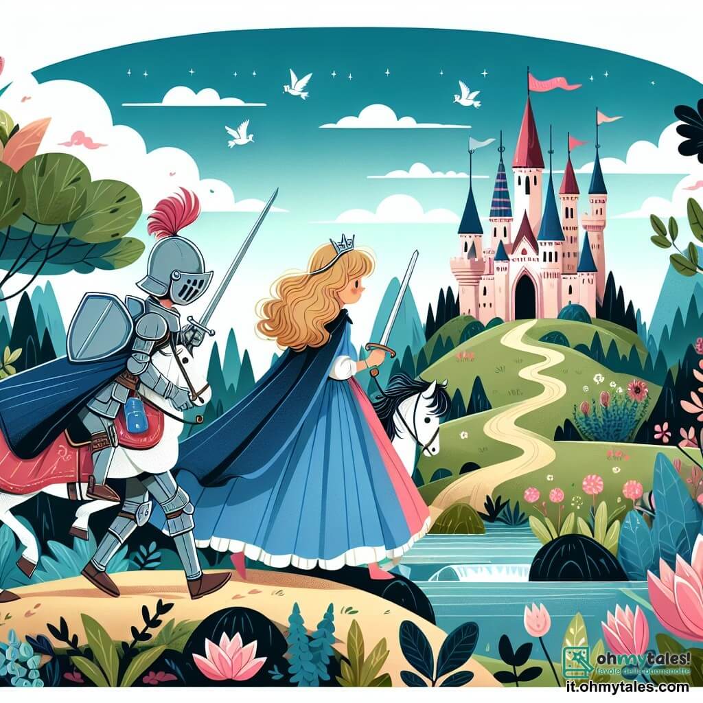 Une illustration destinée aux enfants représentant une princesse courageuse se lançant dans un voyage périlleux accompagnée d'un jeune chevalier intrépide, à travers des jardins enchantés et des châteaux majestueux d'un royaume lointain.