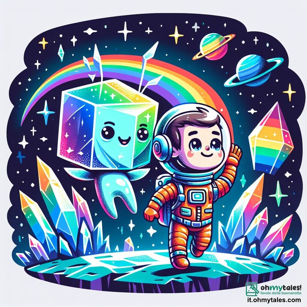 Une illustration destinée aux enfants représentant un explorateur spatial courageux, accompagné d'un drôle de petit extraterrestre à la tête cubique et aux ailes arc-en-ciel, explorant un magnifique planète cristalline scintillante, située dans un lointain coin de l'univers.